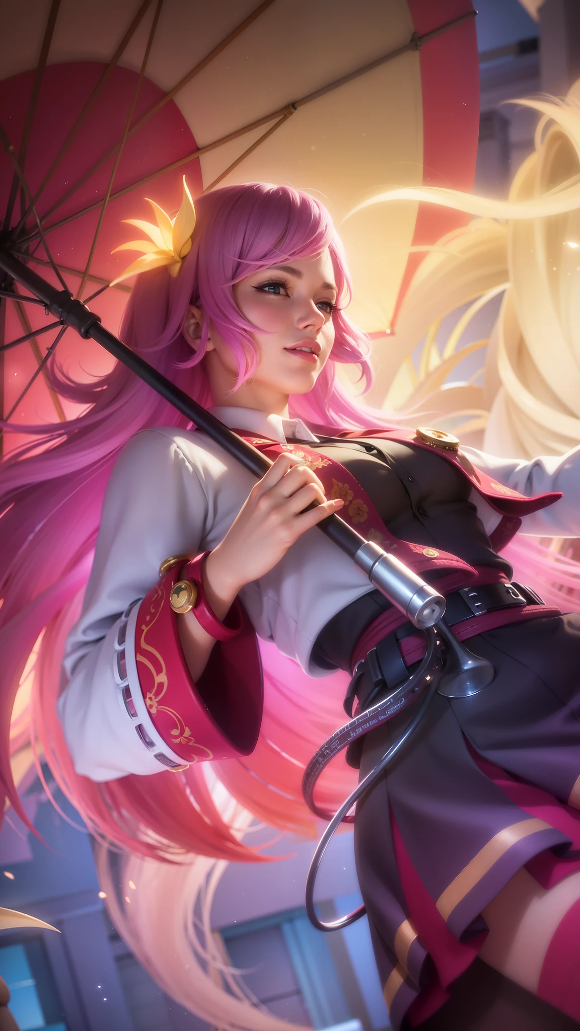 girl with pink hair holding a umbrella, red lips glossy, 8k, ultra hd, ultra detailed texture, hyper realistic, masterpiece, detailed texture, detailed face, detailed skin, detailed lighting, (photorealistic:1.5), best quality, beautiful lighting, cinematic lighting, professional lighting, ultra highres, realistic, detailed hair, real hair, high quality, (realskin:1.5), extremely detailed, finely detail, ultra-detailed, smile.
