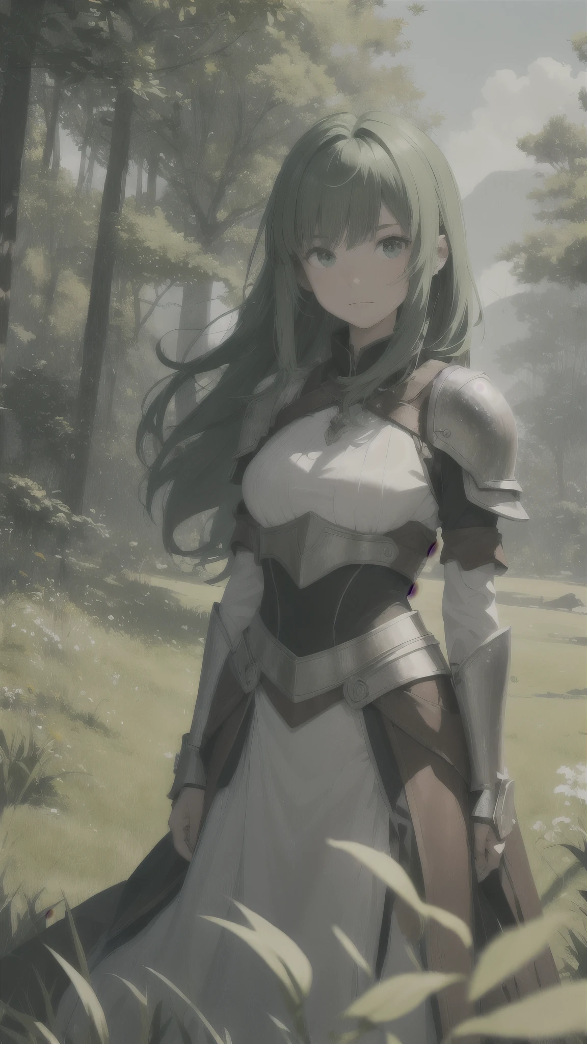 In a green meadow stands a girl leading a group of knights.
BREAK With a brave expression, she guides them towards their destiny.
BREAK Behind her, a green forest stretches and beyond, montanhas se erguem ao longe.
BREAK The most appropriate effect for this scene would be a watercolor painting technique to capture the softness of the meadow and the fluidity of movement.