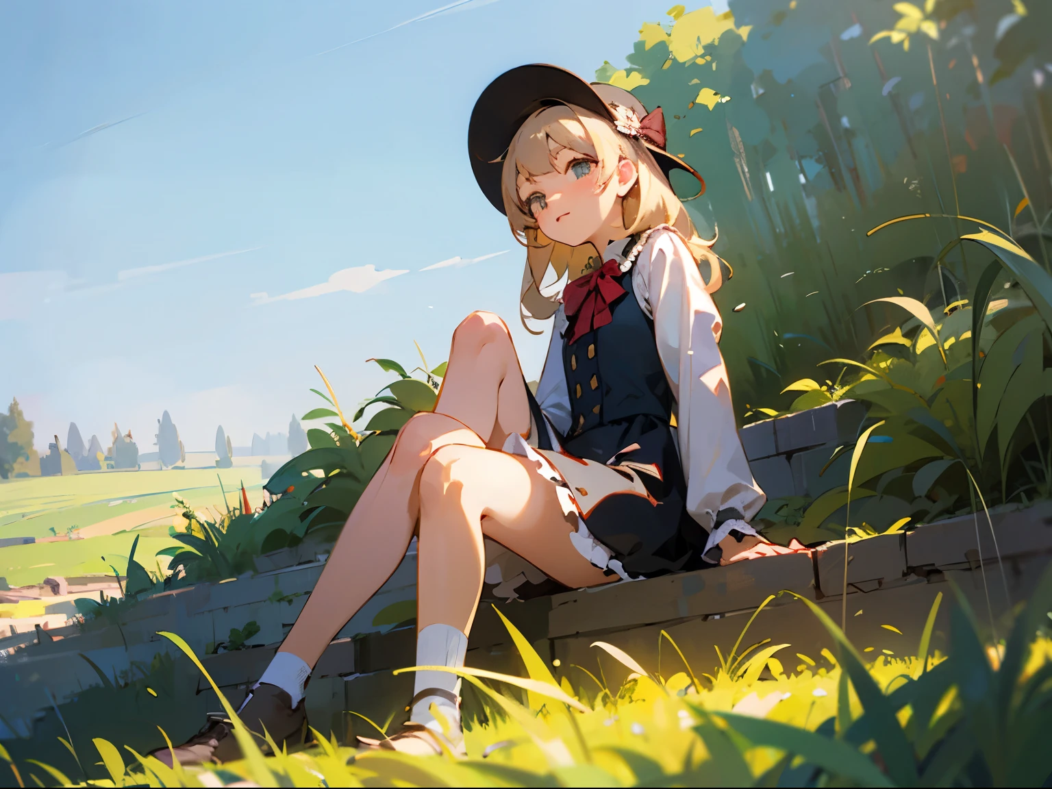 illustration,Two-dimensional ta sitting on the stairs in rural fields
