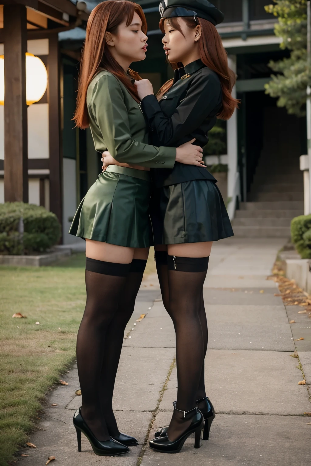 Photorealistic two sexy redhead japanese girls in pervert green and black military uniform with mini skirt, high heels and black pantyhose kissing