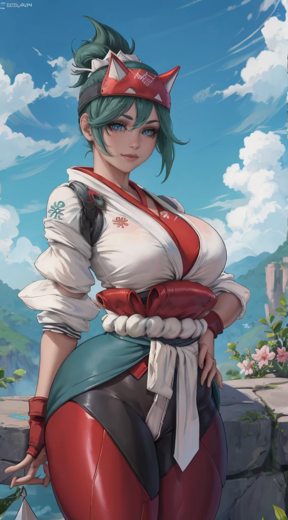 Kiriko owwerwatch, mulher fofinha, olhos verdes chamativos, de quatro, bunda para cima, deitada, Hands, Kiriko overwatch 2 white kimono, ((redd pants)), ((hands on hips )), ((rosto detalhado)),((Sorriso)), ((curvy body)), (seios grandes), sensual, (( dia)), ((cabelo verde)), ((blue sky)), ((inclinando-se para frente)), (fora de casa)) arvores de sakura,,(( segurando kunai))