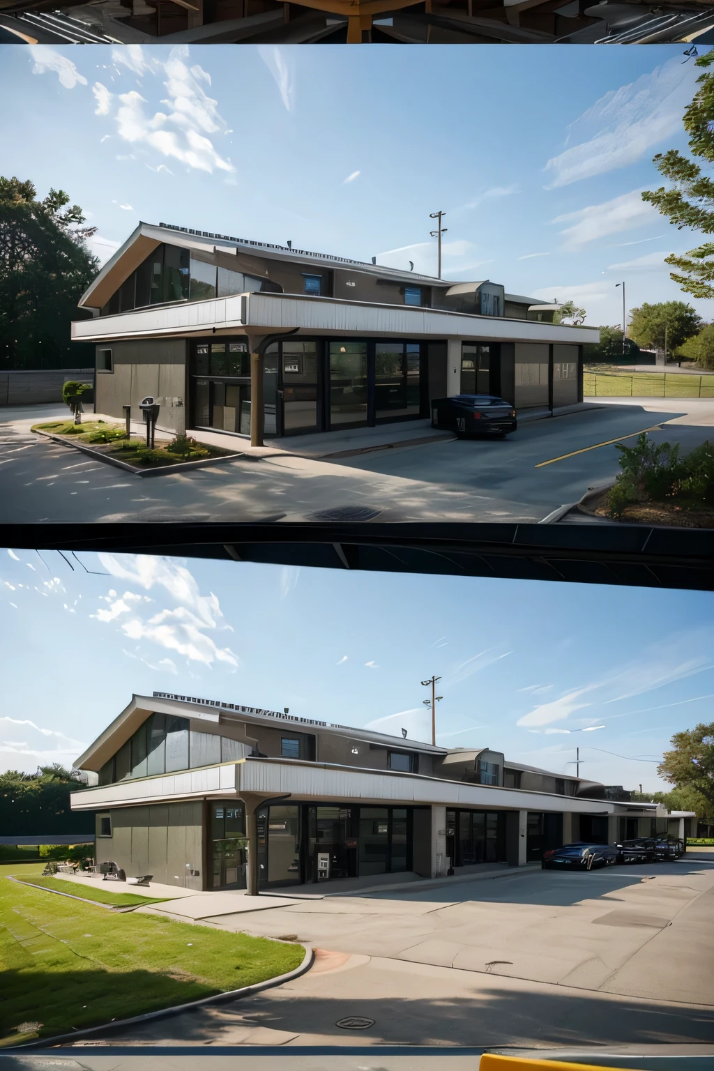 Create an architectural drawing for a restaurant. The restaurant includes four restaurants, each measuring 20'x40', with a single-storey RC structure and the roof is flat slab. an overhead tank is on top.The layout also includes parking facilities with three express bus parks and ten private car parks, as well as toilets behind the restaurant. The design should be practical, sustainable, and aesthetically pleasing, incorporating elements of safety, convenience, and environmental responsibility