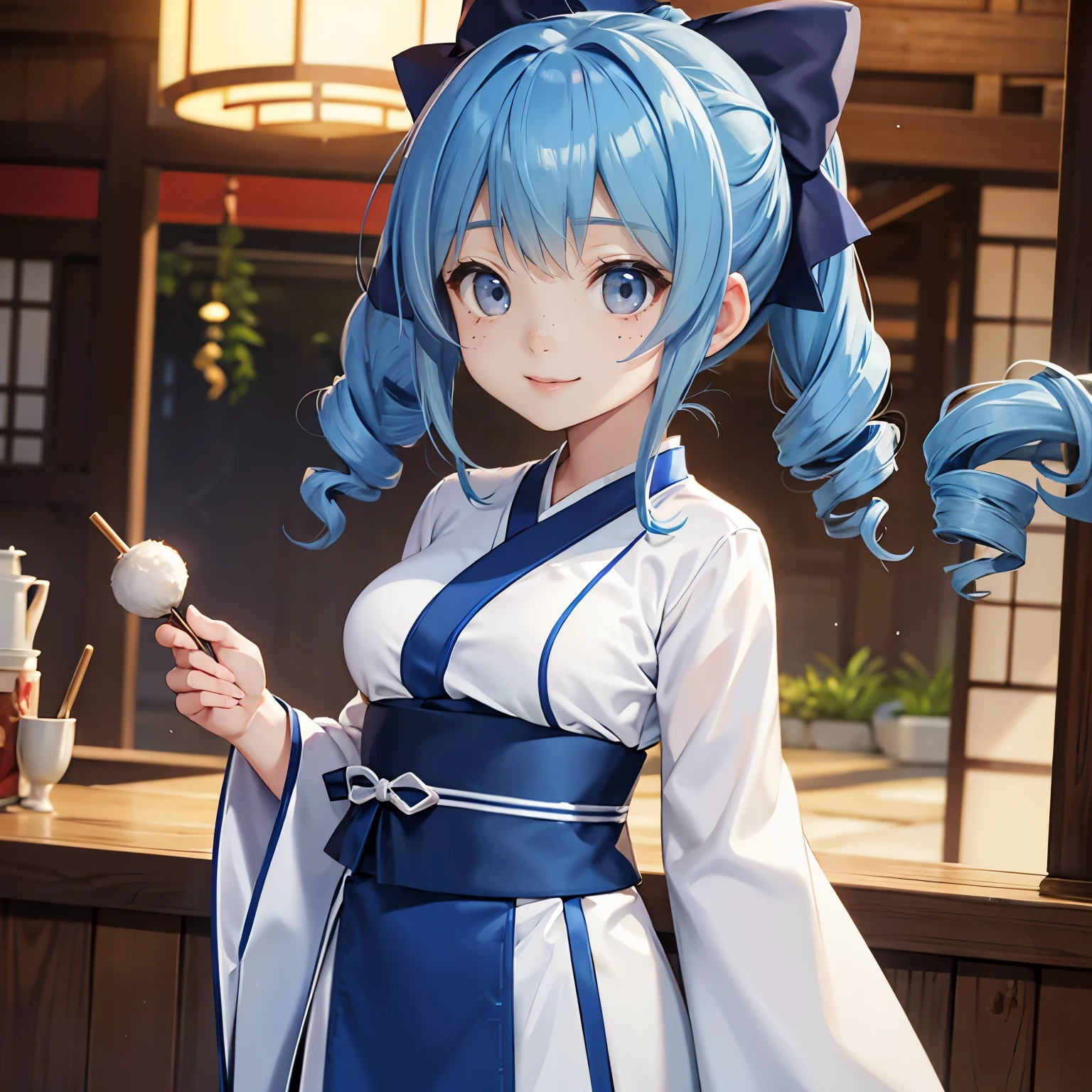 Blue hair, drill hair, dawn, asian, gray eyes, cheery, hair bows, dark blue hair bows, short, standing, freckles, big breasts, small, hanfu outfit, white hanfu