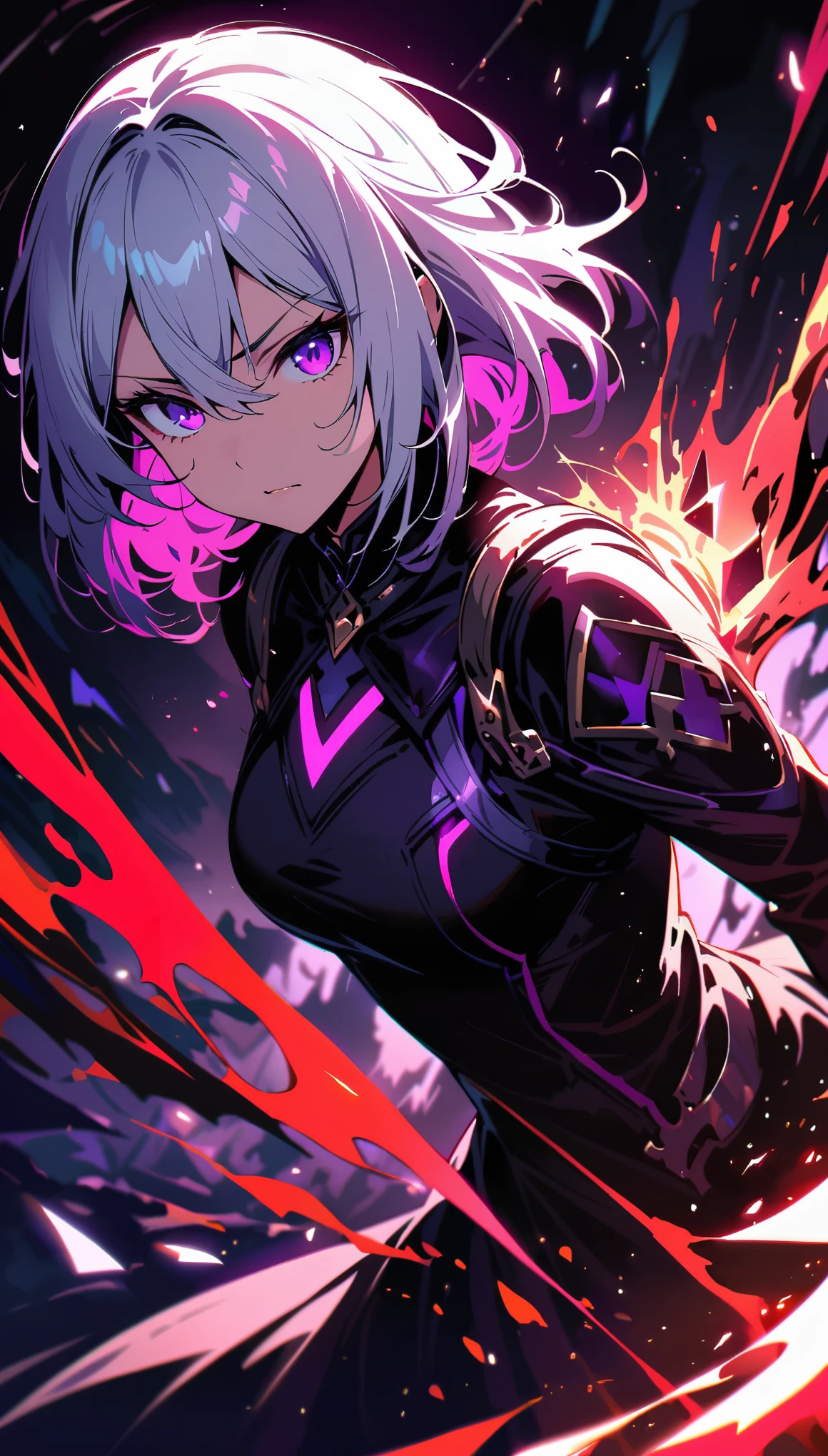 (masterpiece, Best quality, Ultra detailed, best shadow), (detailed background,dark fantasy), (Beautiful detailed face), high contrast, (Better lighting, very gentle and beautiful), ((Cinematic light)), colorful, hyper detail, dramatic light, complex parts, (1 girl, One,White hair, sharp face,purple eyes, hair between eyes,dynamic angle), blood spatter, swirling black light around the character, depth of field,Black light particles,(broken glass),magic circle,