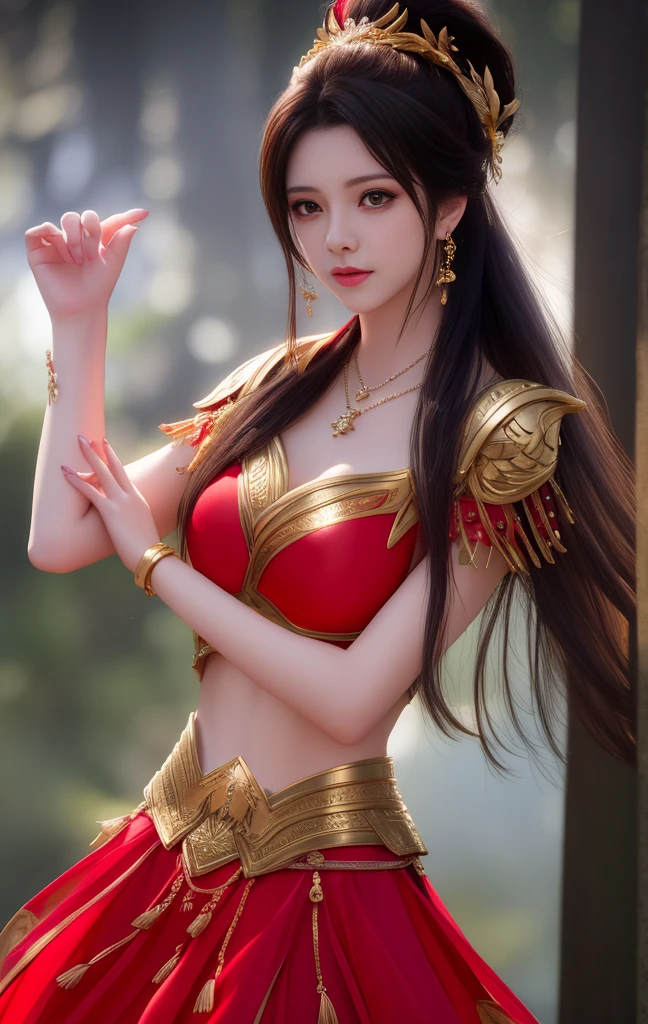 Best Quality, Masterpiece, High Resolution, 1 Girl, Red Metallic Bikini Armor, Cuirass Gold Pattern, Porcelain Skirt, Hair Accessories, Necklace, Jewelry, Beautiful Face, Physics, Tyndall Effect, Realism, Dark Studio, Edge Lighting, Two-tone Lighting, (High Detail Skin: 1.2), 8k UHD, DSLR, Soft Light, High Quality, Volumetric Light, Voyeur, Photograph, High Resolution, 4K, 8K, Background Bokeh Best Quality, Masterpiece, High Resolution, 1 Girl, Red Metal Bikini Armor, Cuirass gold pattern, porcelain skirt, hair accessories, necklace, jewelry, beautiful face, physics, Tyndall effect, realistic, dark studio, edge lighting, two-tone lighting, (high detail skin: 1.2), 8k uhd, DSLR, soft light, high quality, volumetric light, candid photo, high resolution, 4k, 8k, forest background, horseback riding, ponytail hair