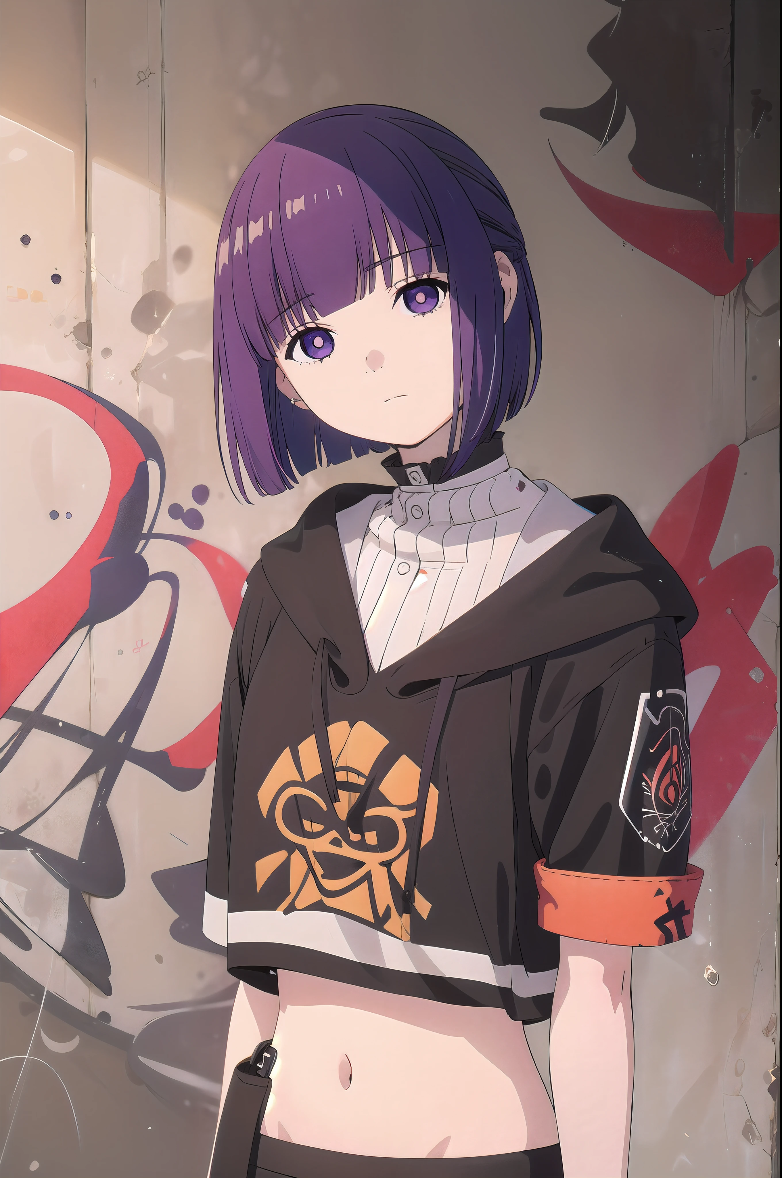 masterpiece, best quality, 1girl, solo, stylish crop top, vibrant purple hair, bobhair, short-hair, short bob hair, (((bobcut))), ((haircut:1.3)), undercut, bobbed hair, minibob, sidecut, buzz haircut, sidecut, side of head shaved, purple eyes, graduation bob, straight short hair, short hair above the ears, Shot diagonally from the side, elegant braid, soft bangs, upper body, alluring choker, (graffiti:1.5), artistic paint splatter, seductive arms behind back, leaning against wall, exposed back, fashionable armband, urban hiphop style, flirty skirt, playful head tilt, intense expression, warm orange, dynamic asymmetrical design, bold geometric shapes, creative street art