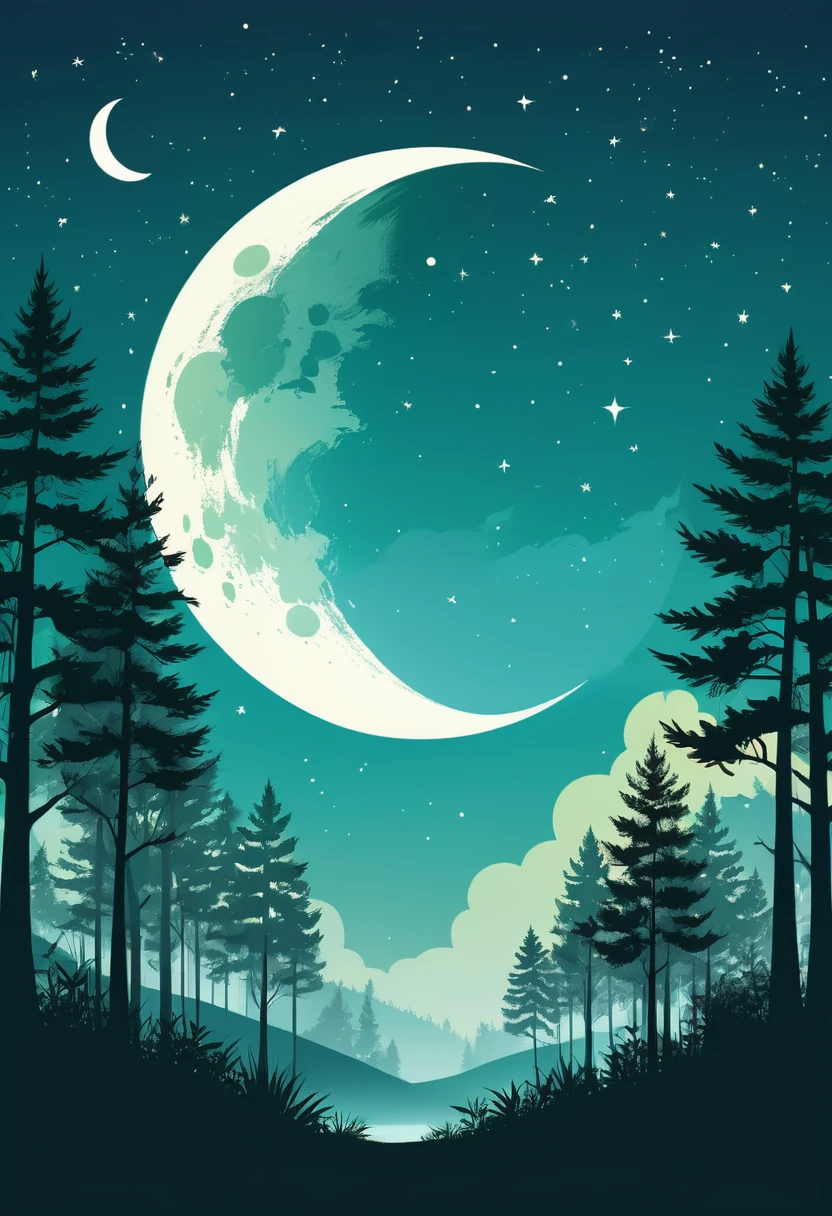 Forest moon vector art, flat vector art using simplicity in vector art、Pure expression,Highlight simplicity and clarity of form,Bring simplicity and modernity to your work
