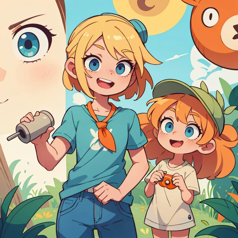 ((masterpiece, Best quality)), ((style-swirlmagic):0.4),
1 blonde girl,, Blue eyes ,beige t-shirt , green shorts orange cap ,, and the binoculars are not around your neck ,Cute, happy, bright, colorful, fantasy,