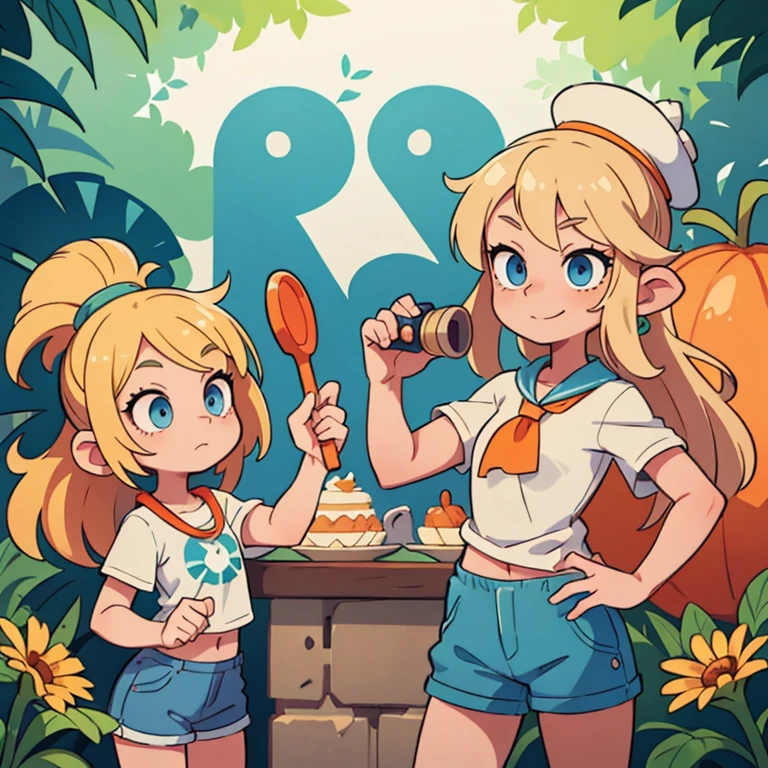 ((masterpiece, Best quality)), ((style-swirlmagic):0.4),
1 blonde girl,, Blue eyes ,beige t-shirt , green shorts orange cap ,, and the binoculars are not around your neck ,Cute, happy, bright, colorful, fantasy,