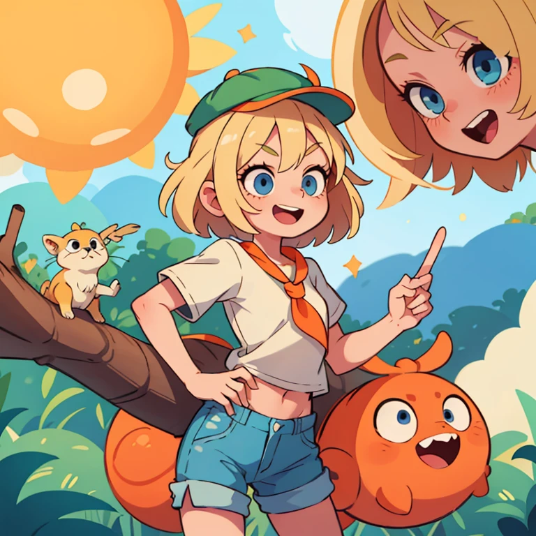 ((masterpiece, Best quality)), ((style-swirlmagic):0.4),
1 blonde girl,, Blue eyes ,beige t-shirt , green shorts orange cap ,, and the binoculars are not around your neck ,Cute, happy, bright, colorful, fantasy,