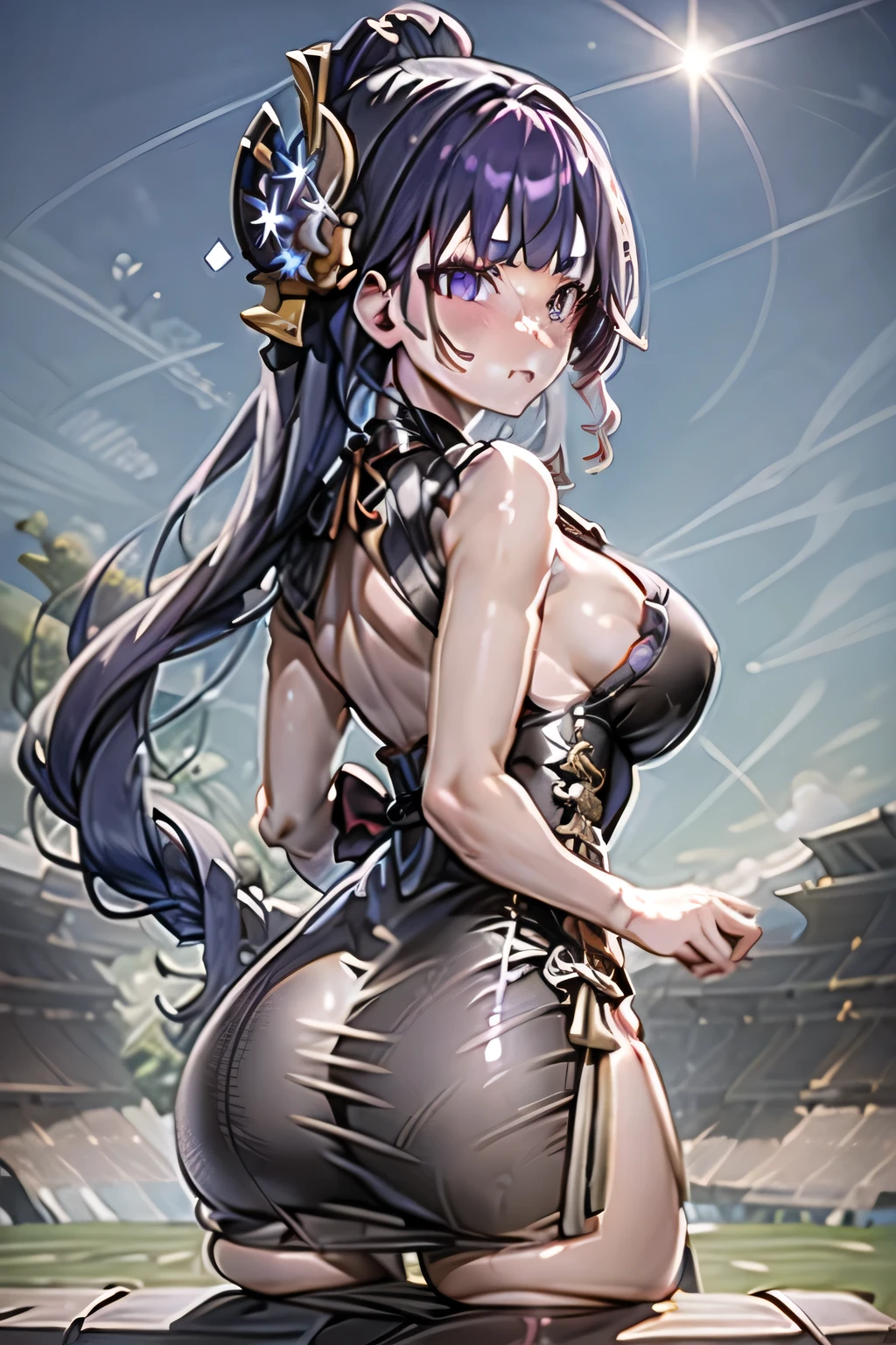 (Masterpiece), high quality, best quality, raiden shogun, genshin impact, purple hair, purple eyes, mole under eye, long hair, braided ponytail, hair flower, hair ornament, purple flower, single braid, sidelocks, 1girl, solo, looking back at viewer, arms behind back, blush, bangs, large breasts, dress, bow, ribbon, from behind, from below, ass, sitting, alternate costume, blunt bangs, red ribbon, sleeveless dress, chinese clothes, floral print, china dress, pelvic curtain, purple dress, gold trim, naked, spread ass