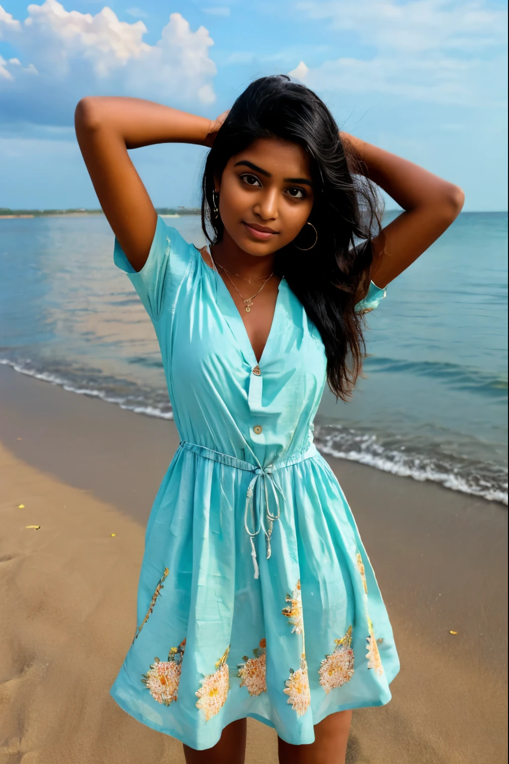 a photo realistic beautiful sirl lankan girl standing on the beach and wearing a beautiful summer dress, floral pattern, shown her detailed asshole without any deformations of hands and legs, camera should focus on her cute asshole