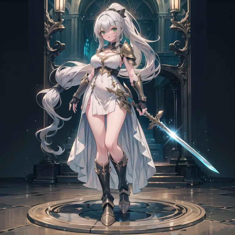 (masterpiece, best quality:1.2), perfect eyes, perfect face, ultra detailed face , strong make up, highres, 1 girl, solo, make up, (female:1.5),satin, white anciente greek clothes, sleeveless turtleneck, bracer, evil smile, standing, portrait, looking at viewer, giant sword on the back, long leather boots, fullbody shot