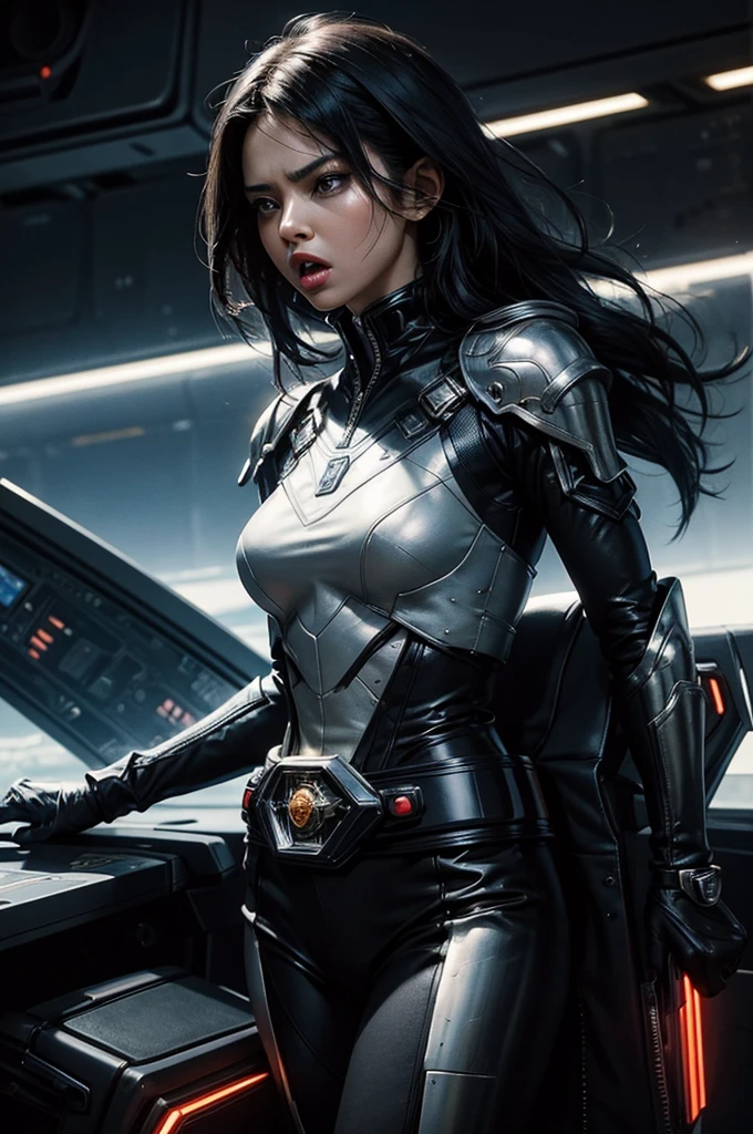 A beautiful woman takes command with her mouth wide open in anger. Mid twenties.A beautiful woman stands in front of the command seat of a spaceship and takes command. Black hair. He wears a black metallic battle uniform, and on his waist there is something reminiscent of Kamen Rider's transformation belt.