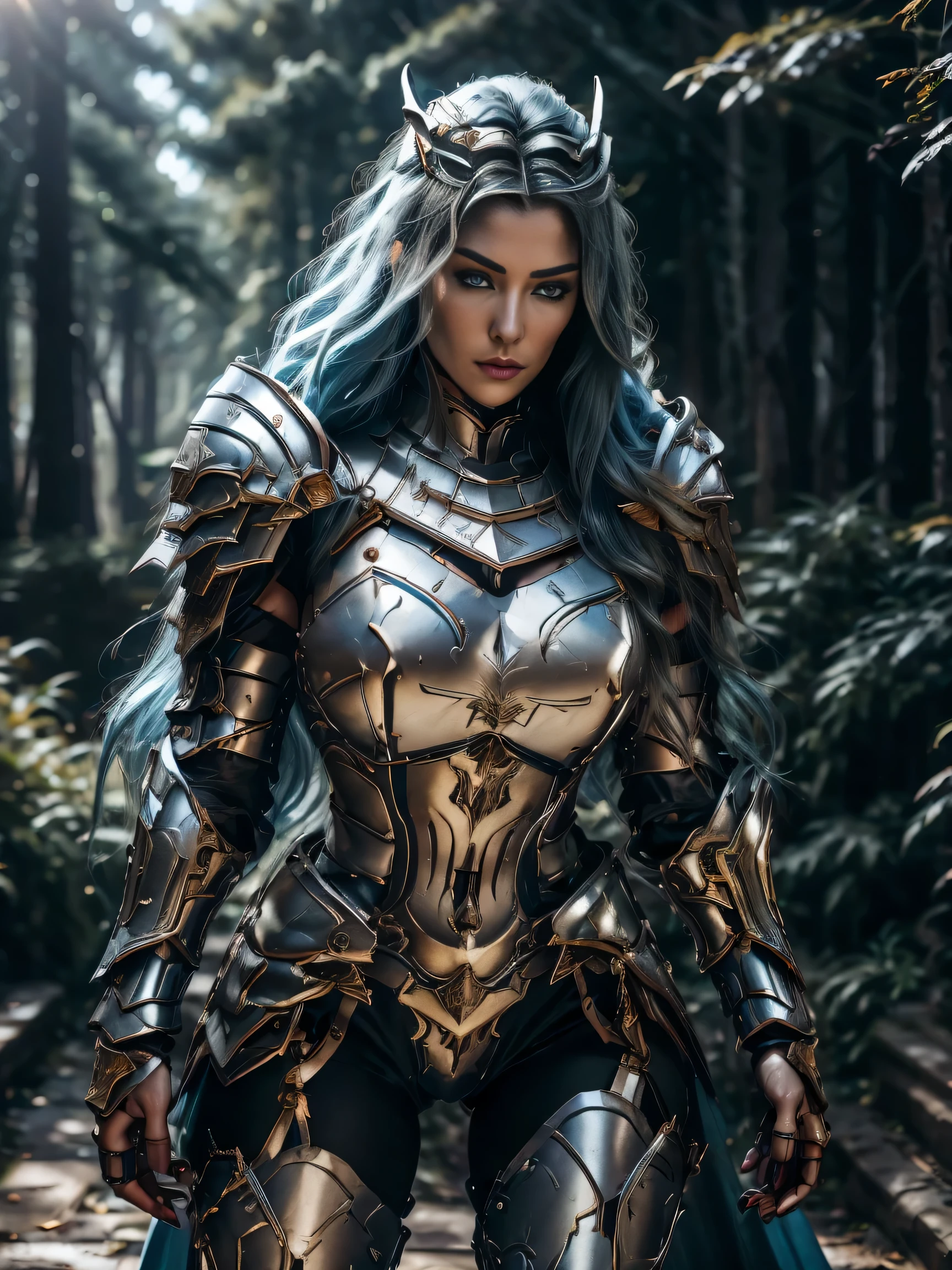 (8K, Raw photography, top-quality, masterpiece:1.2), close up,One Woman、age of 30, close up.{scinematic angle、Wide Angle、Don't split the screen、}(Realistic Skins 1.4)、(valkyrie、Valkyria)、(the Witcher armor((Western knights、Plate armor covering the whole body、Metal armour )))、(((forest background, golden hour, Asgard))、50mm Lens、30mm film、wide angles(long wavy blue hair)、Blue eyes、shinny skin、beautiful detailed hair、Beautiful delicate face、Beautiful delicate eyes、{large chest、、muscular body, curvy big 、}、long wavy blue hair , long socks, black socks, black skinny trousers, skinny leggins, big hips, muscular girl, big hips, chest covered with armor, fighting pose, fight,duel pose, buried forest background, war scene, flames, the Witcher, buried ancient city n the background, waling, walk, moving