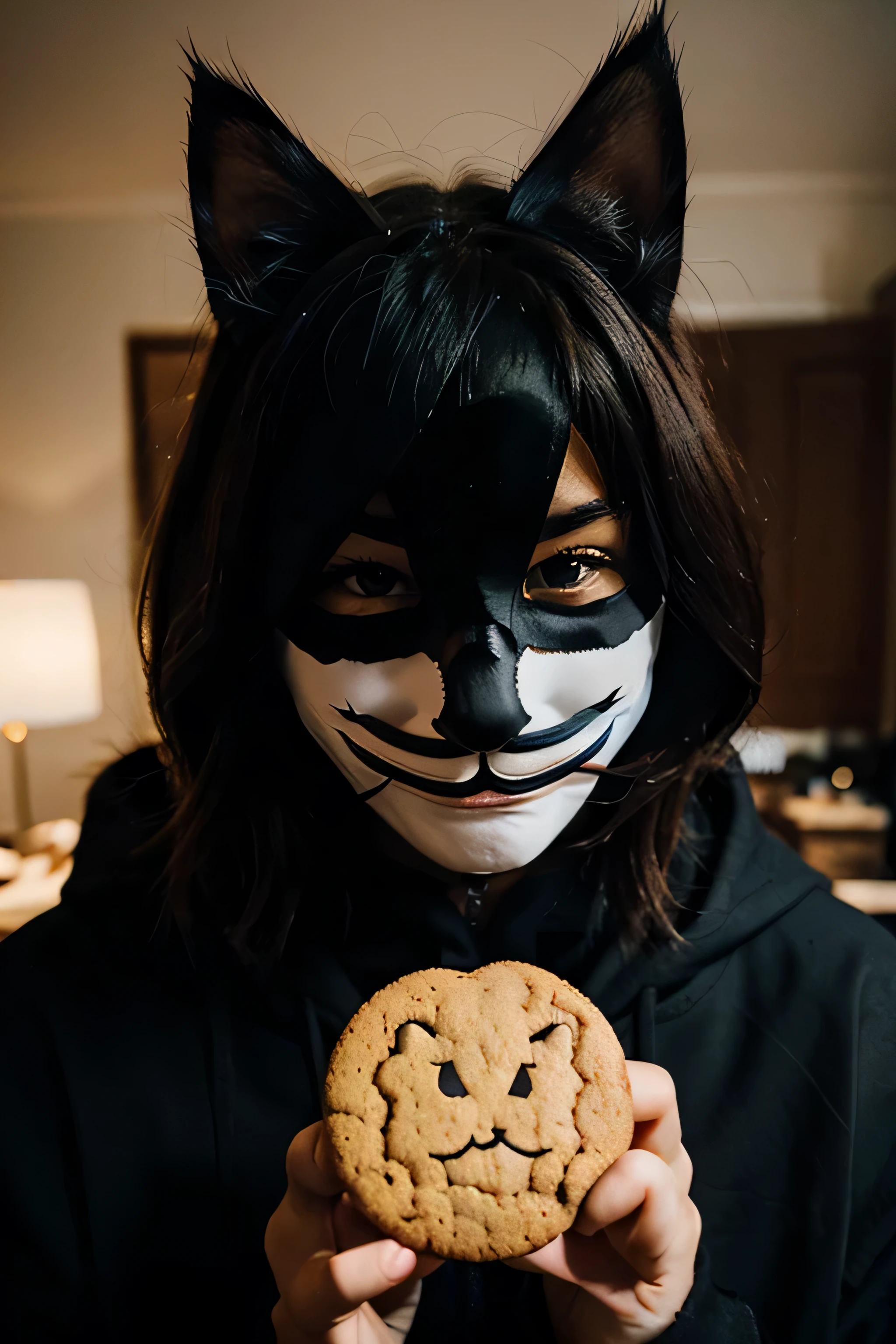 a cat wearing the Anonymous mask holding a cookie
