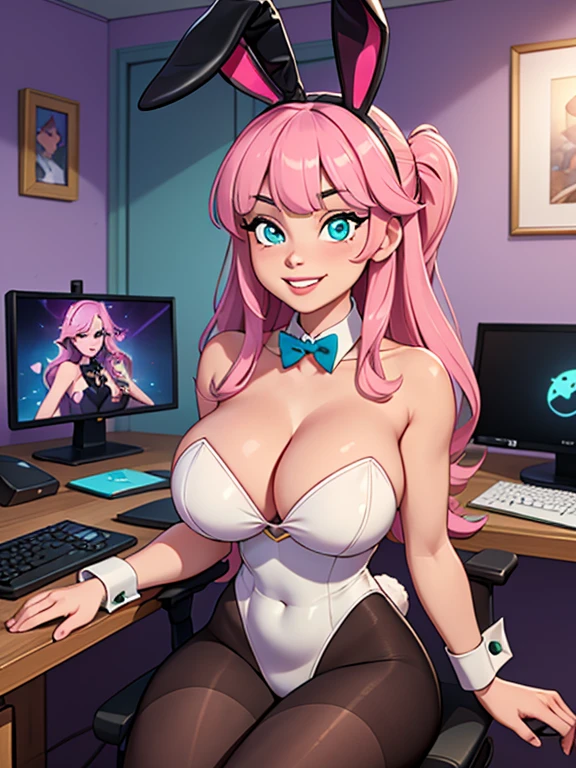 1girl, solo, (masterpiece, best quality:1.4),((best quality)), ((highly detailed)), masterpiece, absurdres, (detailed eyes, deep eyes), bunny girl, pink hair, long hair, bangs, blue eyes, white pupils, smiling, big breasts, deep cleavage, rabbit ears, fake animal ears,rabbit tail, purple leotard, detached collar, pink bow, bare shoulders, black pantyhose, wrist cuffs, excited expression, smiling, teeth, front of the computer doing a Twitch livestream, the girl is a Twitch streamer, Twitch streamer/gamer, Speaking into the microphone, highly detailed background, the microphone is close to the girls head, (Background: Indoors, in a room with purple and cyan lighting, desk, chair, microphone, mouse, keyboard, There are multiple computer monitors), sitting on a chair, depth of field, UHD, masterpiece, High quality art style, best quality,
