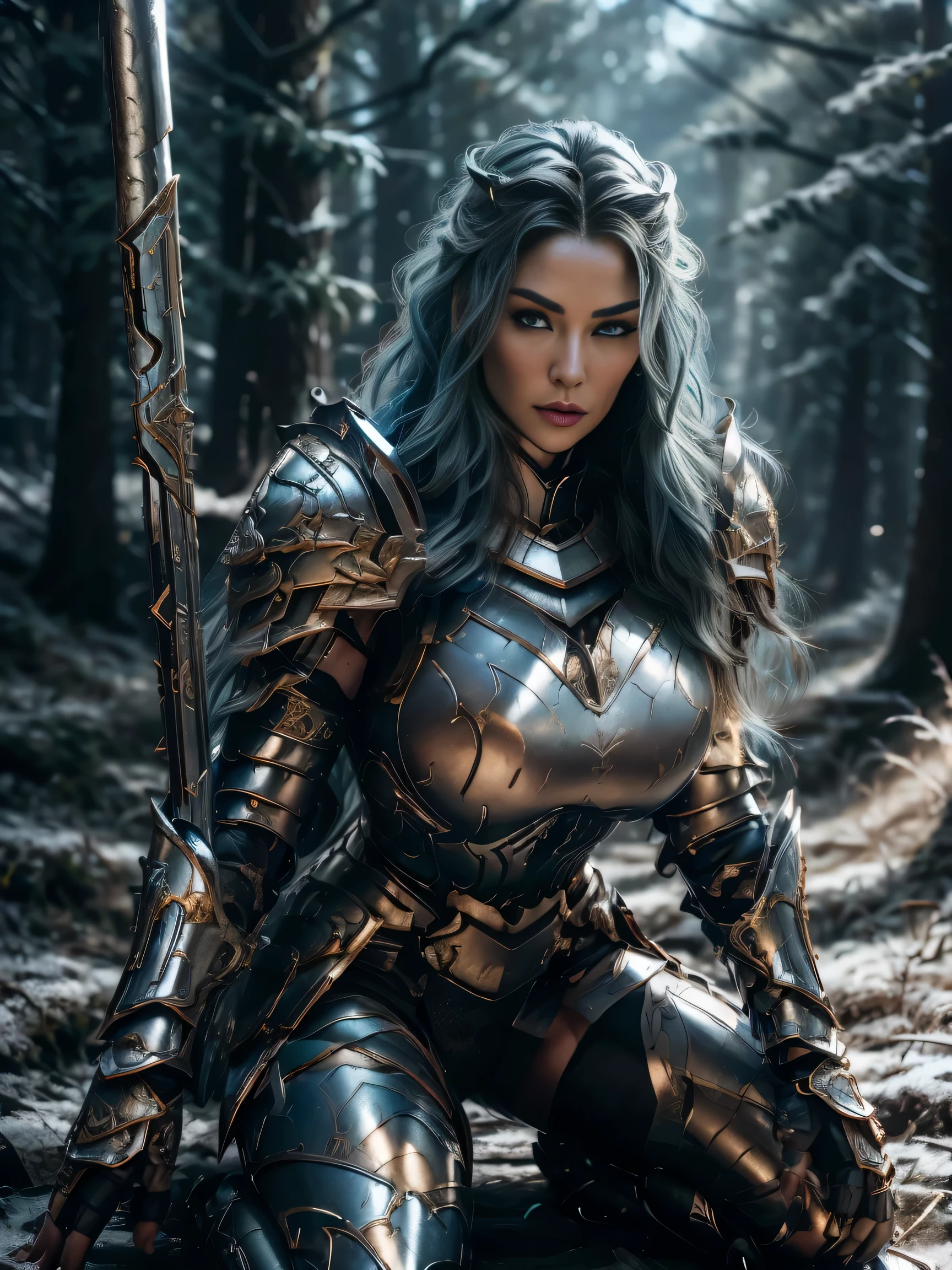 (8K, Raw photography, top-quality, ​masterpiece:1.2), close up,One Woman、age of 30, close up.{scinematic angle、Wide Angle、Don't split the screen、}（Realistic Skins 1.4）、（valkyrie、Valkyria）、（the Witcher armor（（Western knights、Plate armor covering the whole body、Metal armour ）））、（（（forest background, golden hour, Asgard））、50mm Lens、30mm film、wide angles（long wavy blue hair）、Blue eyes、shinny skin、beautiful detailed hair、Beautiful delicate face、Beautiful delicate eyes、｛large chest、、muscular body, curvy big 、｝、long wavy blue hair , long socks, black socks, black skinny trousers, skinny leggins, big hips, muscular girl, big hips, chest covered with armor, fighting pose, fight,duel pose,  buried forest background, war scene, flames, the Witcher, buried ancient city n the background, waling, walk, moving
