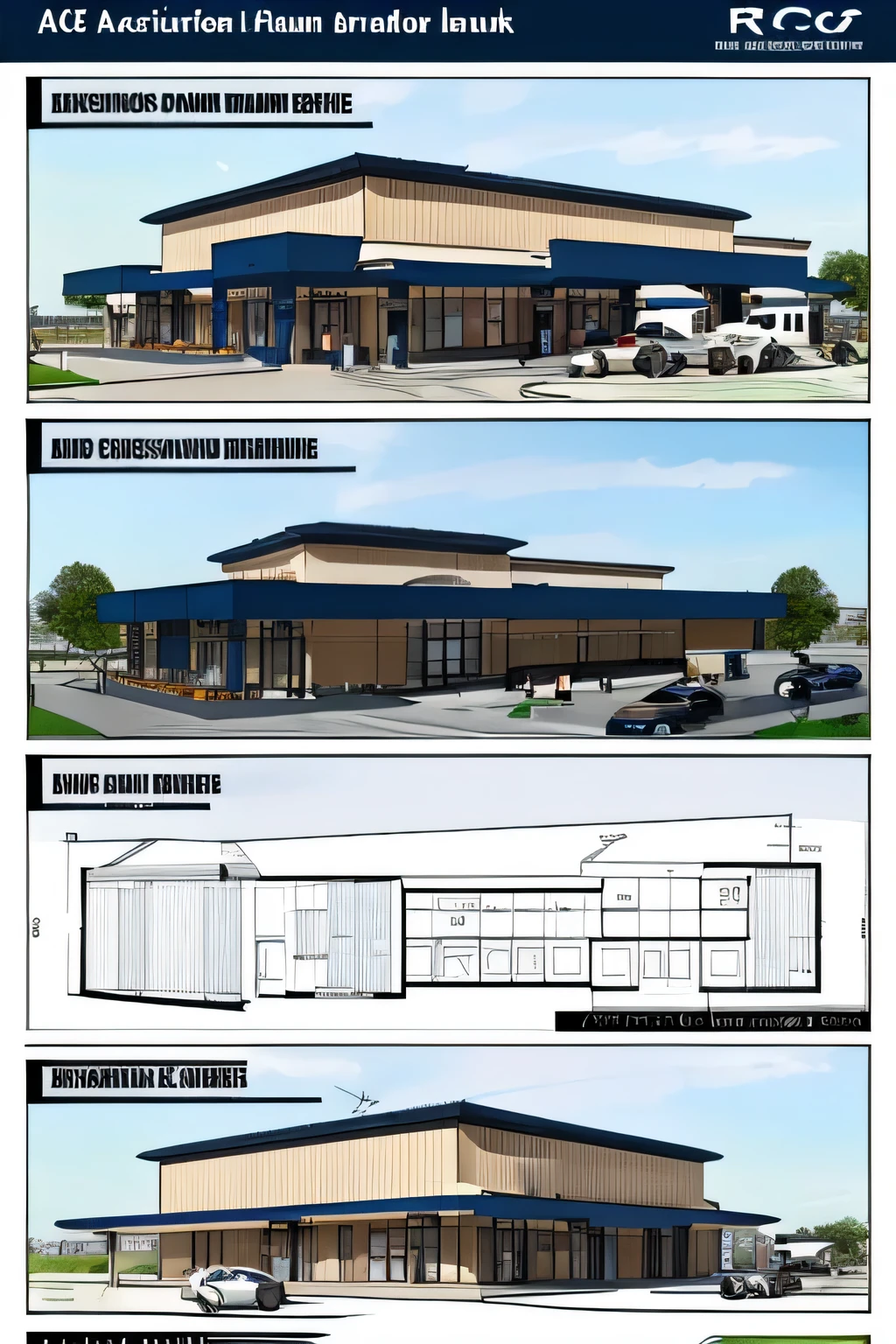 Create an architectural drawing for a restaurant. The restaurant includes four restaurants, each measuring 20'x40', with a single-storey RC structure and the roof of the rest camp should be a flat slab made of reinforced concrete (RC) and an overhead tank is on top.The layout also includes parking facilities with three express bus parks and ten private car parks, as well as toilets behind the restaurant.