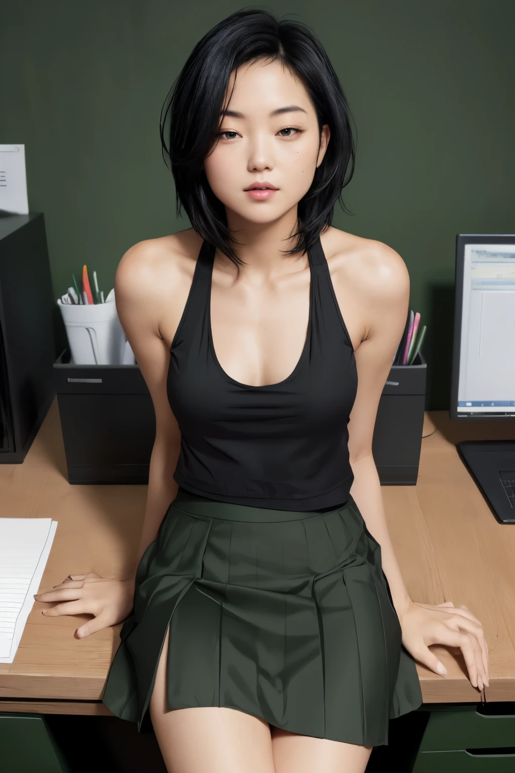 (stripping:1.2),(sexy:1.3),( woman:1.2),(shoulder length black hair),(black tank top),(green jacket and skirt),(enticing),(passionate),(office background),(sitting on desk),(desperate)
