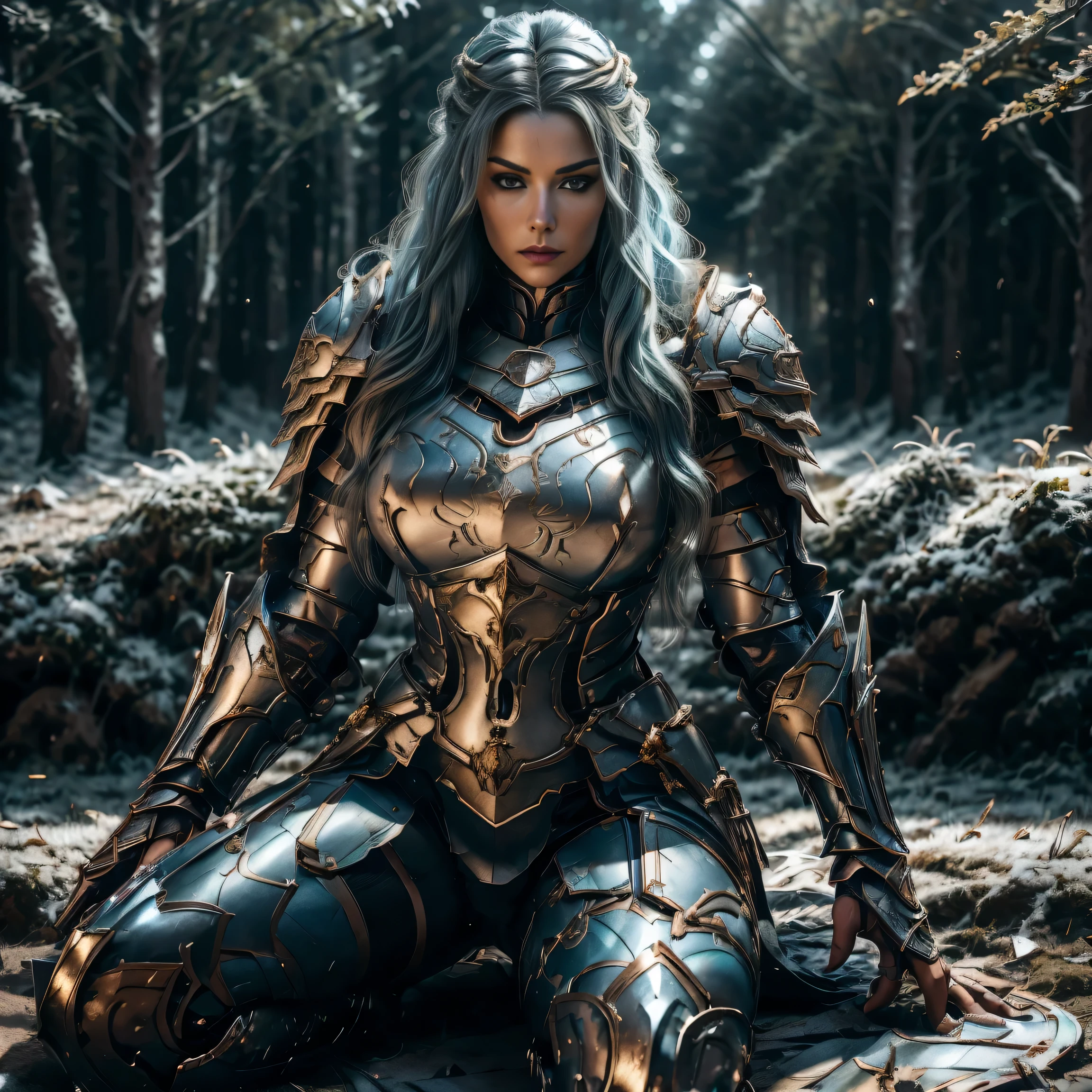 (8K, Raw photography, top-quality, ​masterpiece:1.2), close up,One Woman、age of 30, close up.{scinematic angle、Wide Angle、Don't split the screen、}（Realistic Skins 1.4）、（valkyrie、Valkyria）、（the Witcher armor（（Western knights、Plate armor covering the whole body、Metal armour ）））、（（（forest background, golden hour, Asgard））、50mm Lens、30mm film、wide angles（long wavy blue hair）、Blue eyes、shinny skin、beautiful detailed hair、Beautiful delicate face、Beautiful delicate eyes、｛large chest、、muscular body, curvy big 、｝、long wavy blue hair , long socks, black socks, black skinny trousers, skinny leggins, big hips, muscular girl, big hips, chest covered with armor, fighting pose, fight,duel pose,  buried forest background, war scene, flames, the Witcher, buried ancient city n the background, waling, walk, moving
