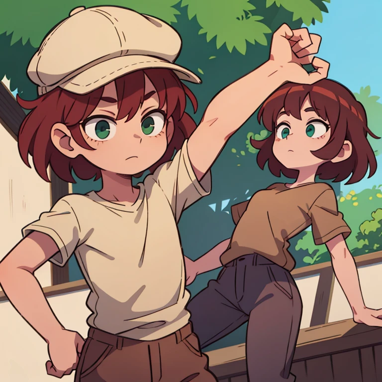 One Guy Dark Red Hair , green eyes,,beige t-shirt, brown pants ,,beige hat ,