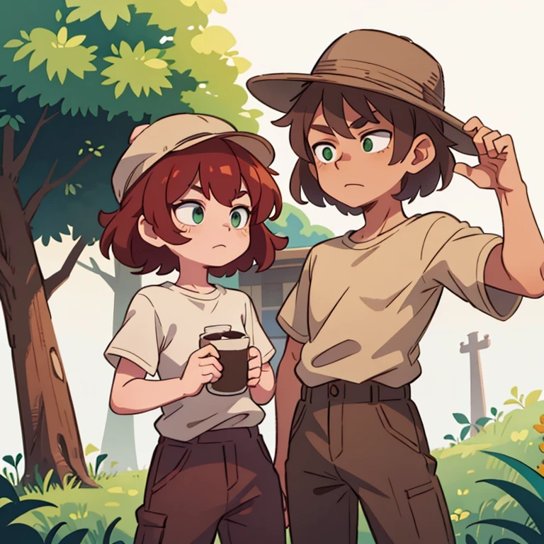 One Guy Dark Red Hair , green eyes,,beige t-shirt, brown pants ,,beige hat ,