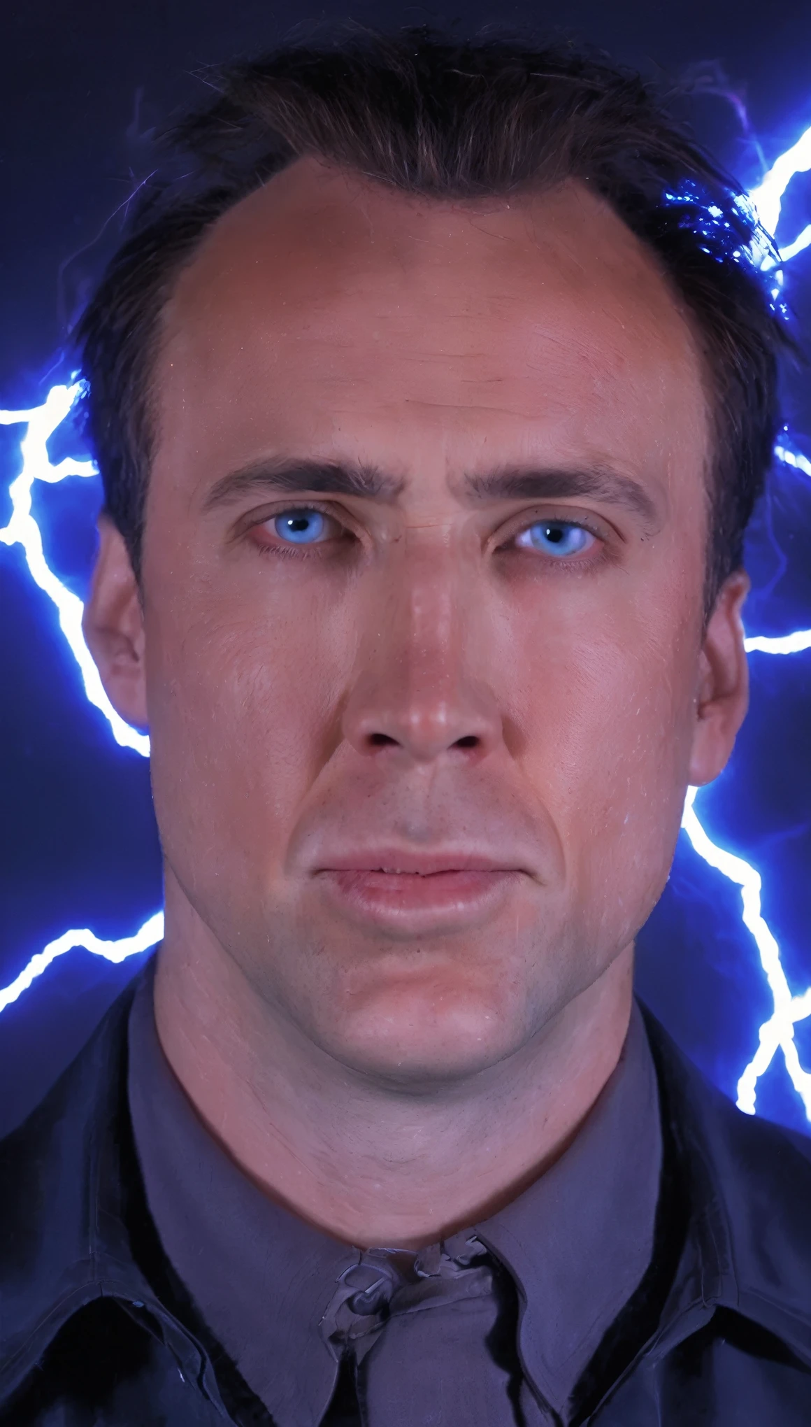 (Arafed man with glowing eyes and blue light on his face, lightning eyes, with lightning bolts, with lightning, creepy lightning, interdimensional lightning, scary lightning, insane lightning, lightning effects, Evil Lighting, lightning flashes, lightning!!!, volumetric clarification, cinematic front lightning, realistic lightning, lights shine from the eyes, Electrifying, lightning master