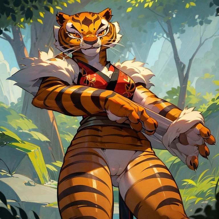 mastertigress, furry female anthro, tiger girl, portrait, tranquil, solo, detailed fluffy fur, looking at viewer, underwear, average breasts, detailed fluffy fur, ero, good lighting, lustful look, cartoon graphics, erotic, soft fur, pussy