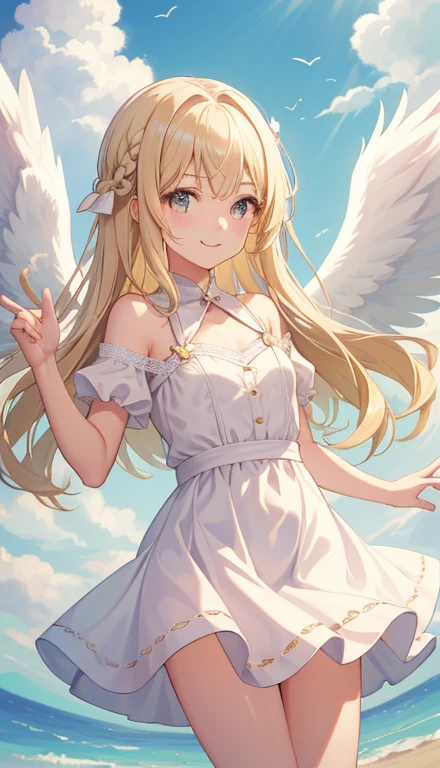 1girl in、A smile、A delightful! cupid、Angel wings on the back、(small tits)blonde hair , light pink dress and white