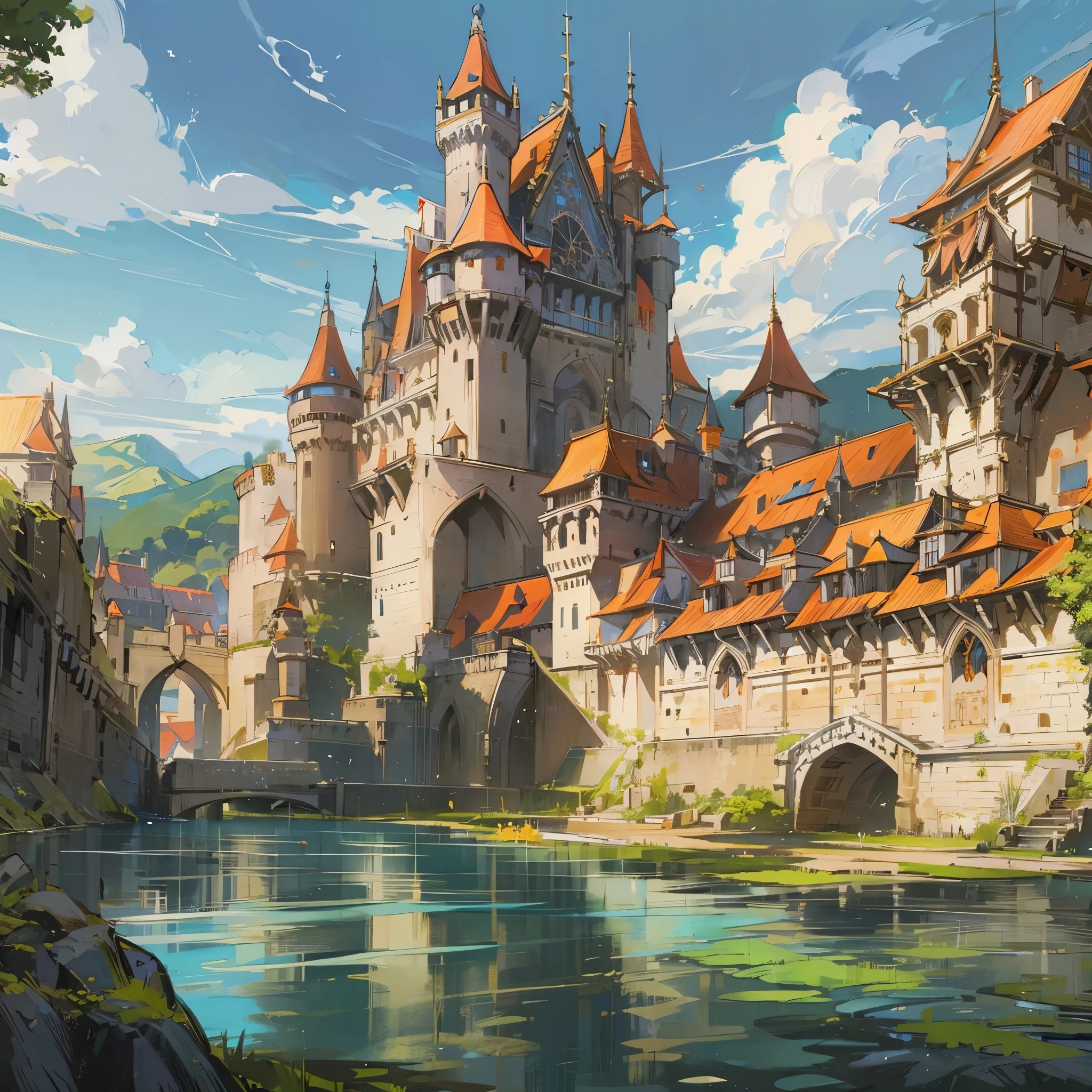 A castle(European medieval castles)，The castle has a moat around it.。Medium shot composition，Panorama pictures，Scene screen，game concept art style，Anime illustration style，Marker style，HD，4K。