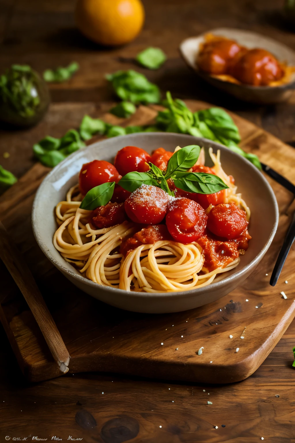 masterpiece, best quality, cinematic photo of Exquisite, Italian Cuisine, Gourmet Pasta, Tomato Basil Sauce, Parmesan, Rustic Wooden Table, High Resolution, photograph, film, highres