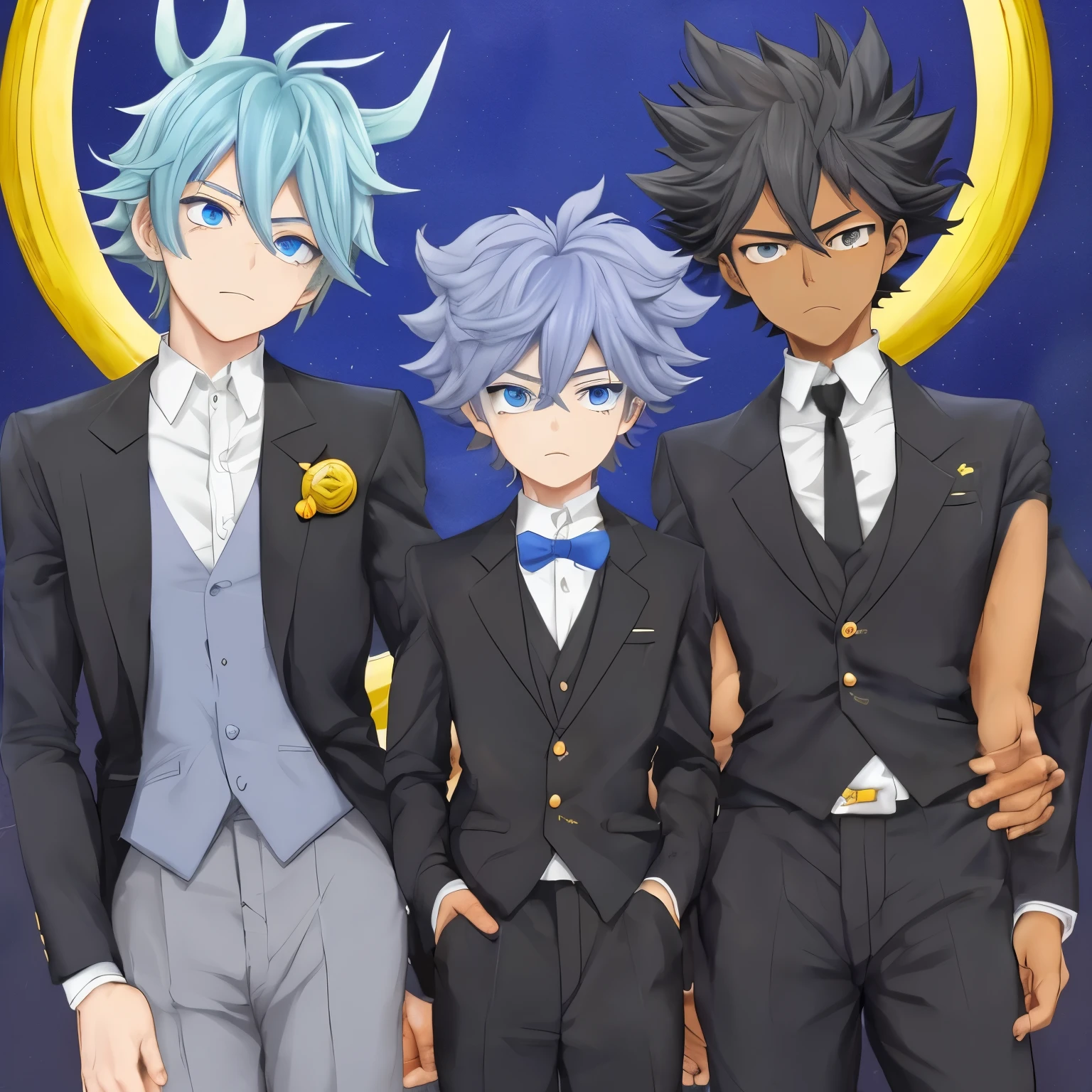 Boku no hero personaje original, 23 year old man, pelo negro semilargo, cara redonda, fine features, slim and stocky build, traje azul de Len Kagamine, cara seria, ojos azul marino brillantes