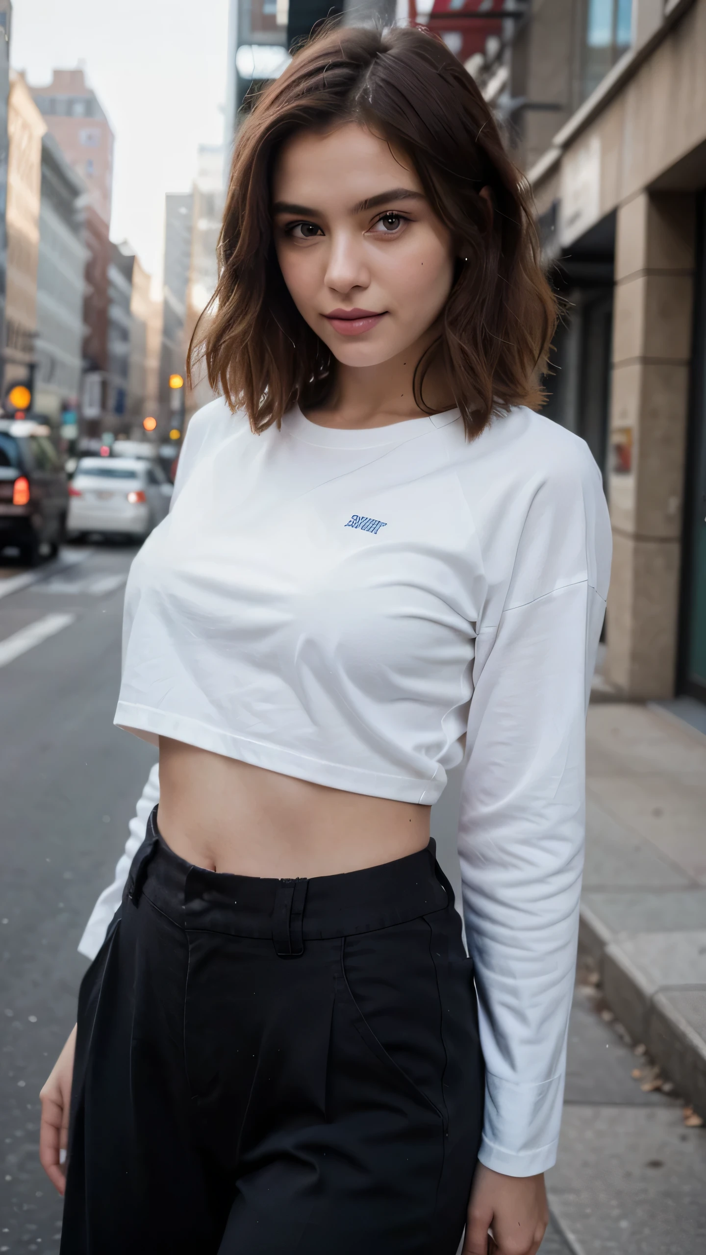 top-quality、masterpiece、超A high resolution、(realisitic:1.4)、Beautuful Women1、Beautiful detail eyes and skin、smile、Light brown middle-cut hair, She is Wearing a long t-shirt, gorgeous model, photo of slim girl model, IG-Modell, beautiful female model, in the new york, women's trousers, 90's, fashion 90's, red hair, blue eyes,