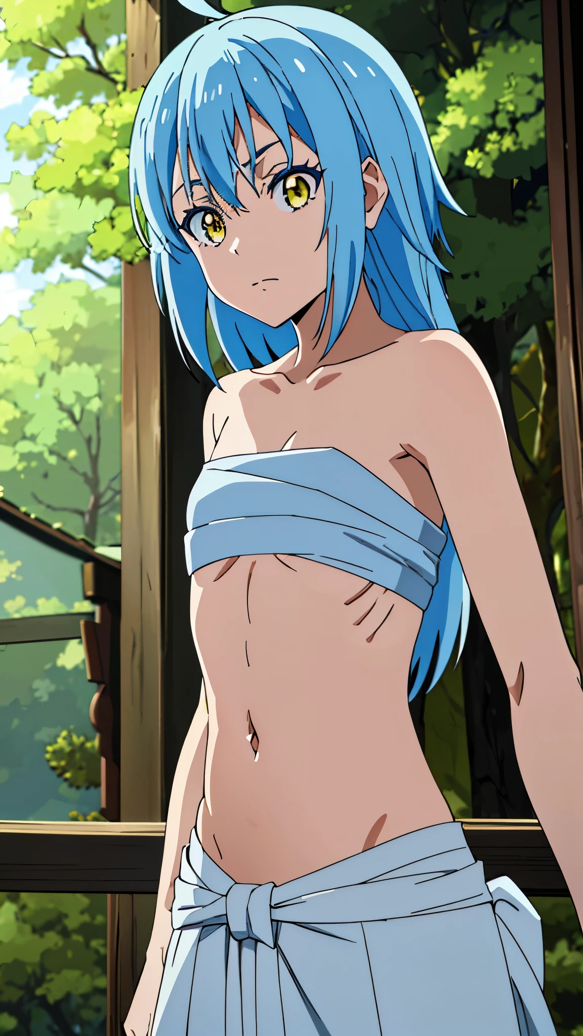 Rimuru Tempest, masterpiece, highres, solo, 8k, detailed, perfect face, best quality, (ultra high quality), (looking at viewers), (armpit), collarbone, bare arms, flat chest, blue hair, long hair, yellow eyes, cut pupils, belly, stomach, navel, abs, ahoge, sarashi chest, bandaged breast, white bandage, ((blue hakama)), slim body, upper body, closed mouth, at forest, hand up