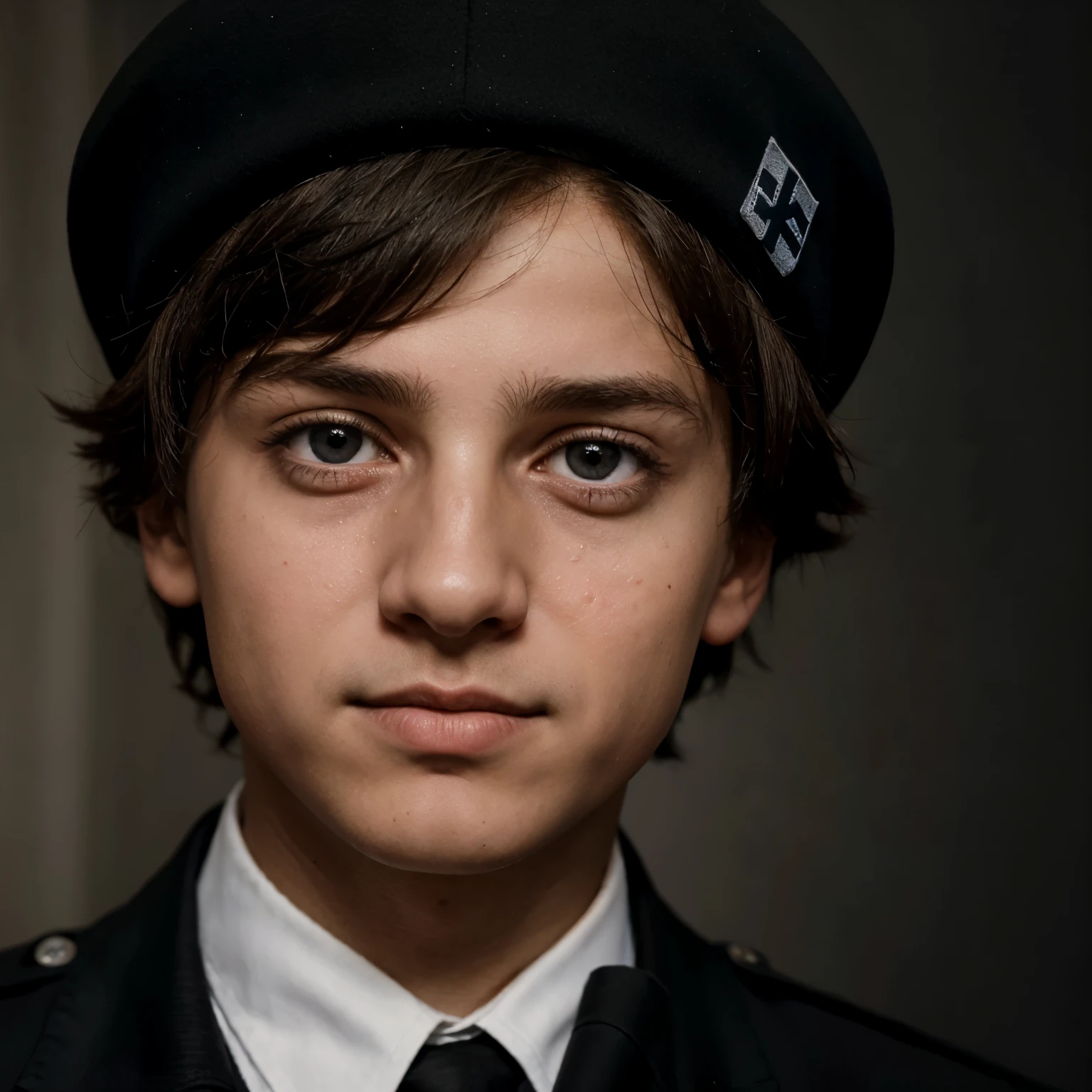 The painting depicts a Jewish boy during National Socialism. In seinem Auge ist der Davidstern zu sehen, ein Symbol seines Glaubens und kulturellen Erbes. A tear flows from his eye, was seine Trauer und Schmerzen wegen der Diskriminierung und des Leidens, das er und sein Volk erleiden mussten, symbolisiert. Der Junge hat braun-schwarze Haare, die sein Gesicht umrahmen. Er guckt gerade.
