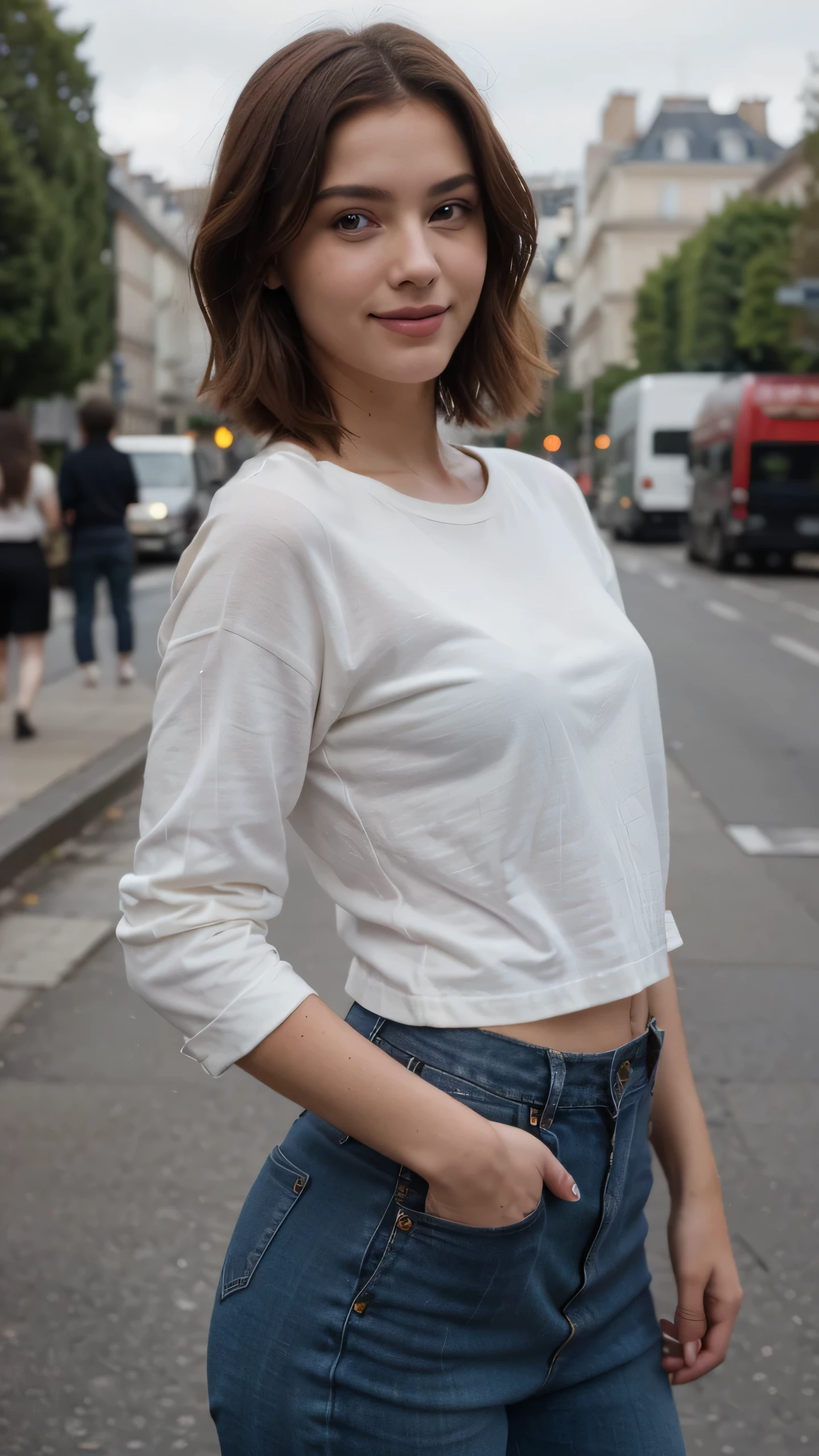 top-quality、masterpiece、超A high resolution、(realisitic:1.4)、Beautuful Women1、Beautiful detail eyes and skin、smile、Light brown middle-cut hair, She is Wearing a long t-shirt, gorgeous model, photo of slim girl model, IG-Modell, beautiful female model, in the paris, women's trousers, 90's, fashion 90's, red hair, blue eyes,