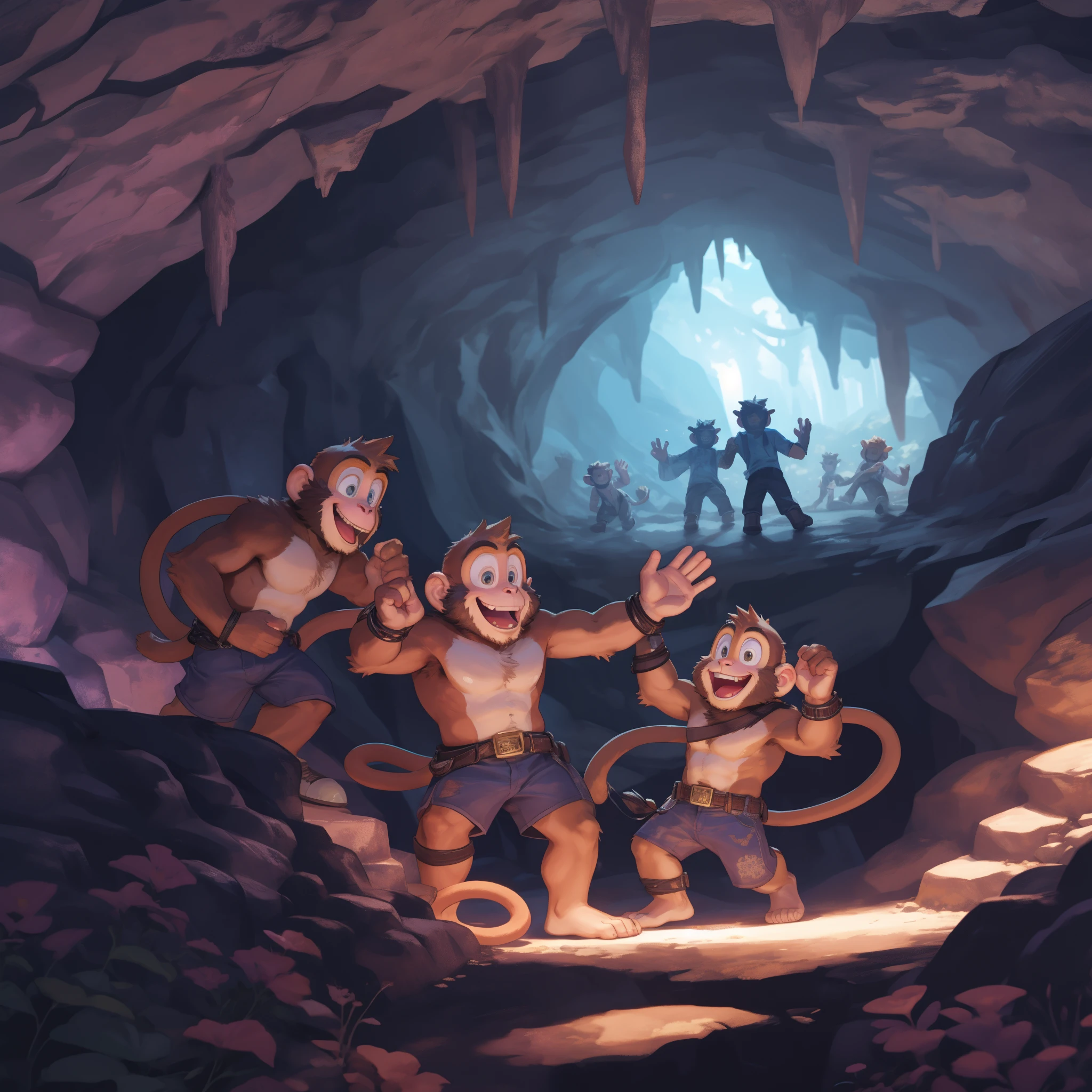 In the heart of a mystical cave, four playful and expressive monkeys are seen engaged in a joyful and mischievous scene. Their furry coats, bright with vibrant colors, gleam in the dappled sunlight filtering through the tree branches above. The monkeys are laughing and running around, their wide-mouthed laughter echoing off the cave walls. The shadows cast by their bodies dance and twist with the bouncy and acrobatic movements that they make.

The cave's atmosphere is dark yet alive with the excitement of the monkeys' antics. Stalactites and stalagmites jut out from the walls, their sharp edges softened by