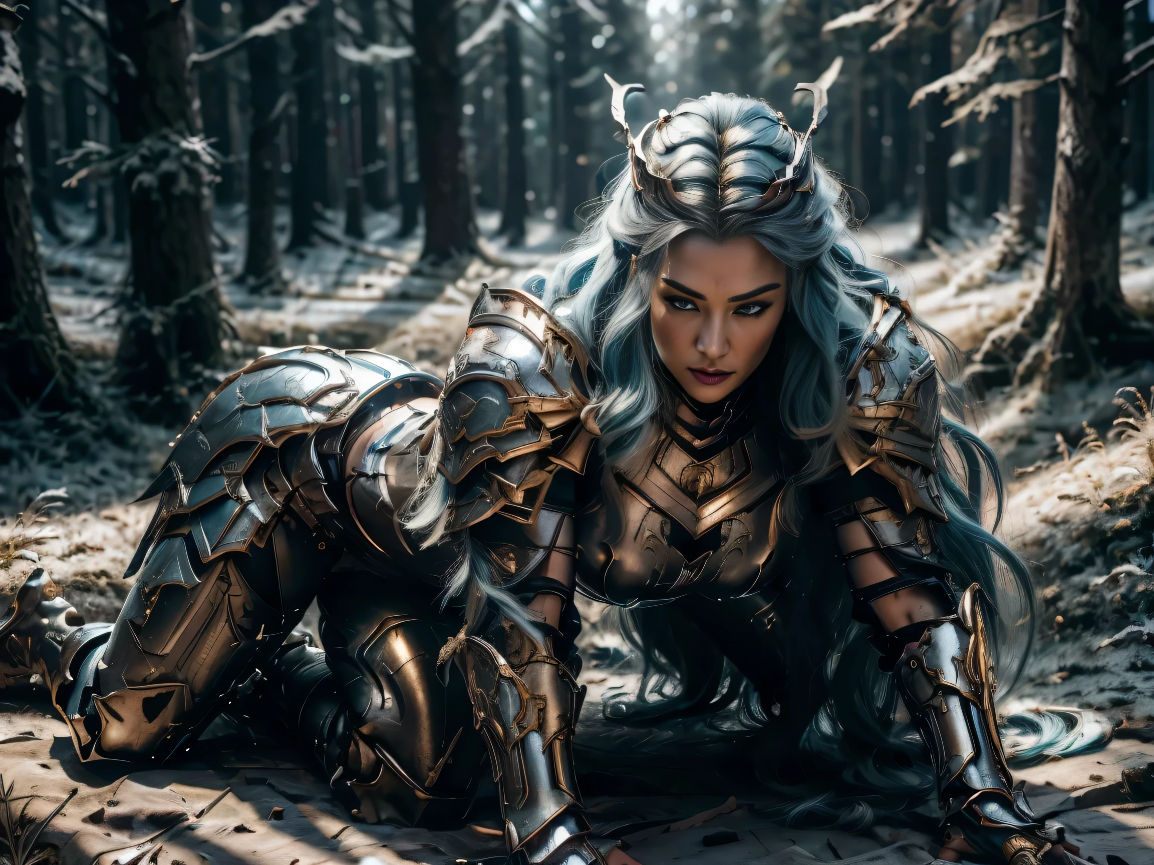 (8K, Raw photography, top-quality, masterpiece:1.2), close up,One Woman、age of 30, close up.{scinematic angle、Wide Angle、Don't split the screen、}(Realistic Skins 1.4)、(valkyrie、Valkyria)、(the Witcher armor((Western knights、Plate armor covering the whole body、Metal armour )))、(((forest background, golden hour, Asgard))、50mm Lens、30mm film、wide angles(long wavy blue hair)、Blue eyes、shinny skin、beautiful detailed hair、Beautiful delicate face、Beautiful delicate eyes、{large chest、、muscular body, curvy big 、}、long wavy blue hair , long socks, black socks, black skinny trousers, skinny leggins, big hips, muscular girl, big hips, chest covered with armor, fighting pose, fight,duel pose, buried forest background, war scene, flames, the Witcher, buried ancient city n the background, waling, walk, moving