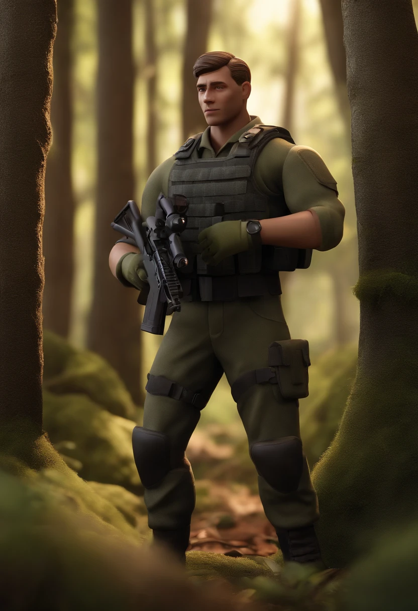 A cartoon character  of a armed soldier with a MCW in the woods nagem 3D, Personagem 3D, 3d rendering stylized, 3 d character render, personagem de desenho animado, Personagem de close up, Pose de personagem,  (Estilo Pixar) (master part:1.2) (Bokeh) (best quality) (pele detalhada) (textura detalhada) (8k) (argila) (Cinematic lighting) (sharp focus