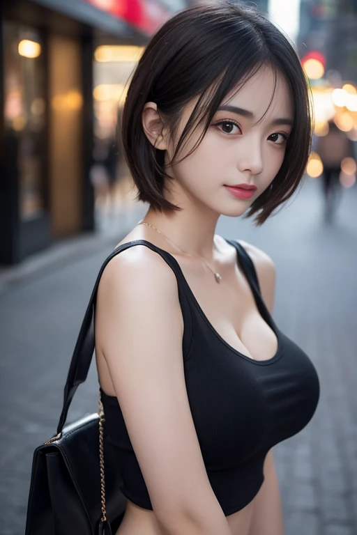 8K highest quality, masterpiece, perfect dynamic composition, Highly detailed skin and facial textures:1.3, summer evening,Shooting in the city、1 girl, Cute sexy 25 year old slim woman, Fair skin, ((Transparency:1.1)), ((Huge breasts that are about to burst:1.0、skin is completely covered by clothing:1.15)), (shy smile:0.9, completely enchants you:0.9), ((wearing a short black tank top:1.3, ))， (((emphasize the top of the bust:1.2)))、((Wearing a shoulder bag diagonally emphasizes your cleavage.:1.3, )) short and thin hair，thin waist、 Depth of written boundary， High resolution， Super detailed， filigree， RAW is very detailed， highly detailed eyes and face， sharp pupils、cinematic lighting，Full body Esbian、dynamic pose，