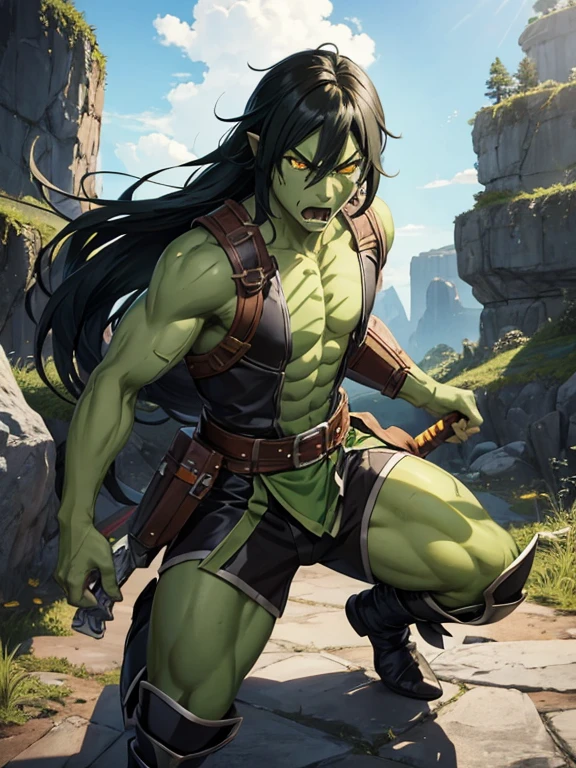 Male anime character + role play game, adventure, half orc, green skin, long black hair, orange eyes, full body scene or just the bust, leather armor, sword and small shield in hand ,angry face, yelling , detailed image 