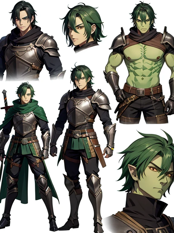 Male anime character + role play game, adventure, half orc, green skin, long black hair, orange eyes, full body scene or just the bust, leather armor, sword and small shield in hand ,angry face, yelling , detailed image 