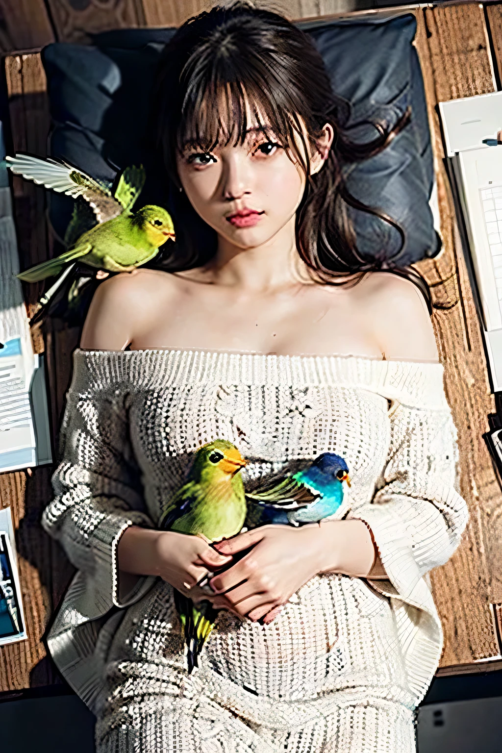 (((((overhead shot、sleep on your back 、bird&#39;s eye view)))))、、table top, highest quality, one girl, (beautiful girl, cute:1.3), (17-year-old beautiful girl high school student:1.3), very fine resolution, (symmetrical eyes:1.3), brown eyes, parted bangs, brown hair, (masterpiece、highest quality)、Depth of the bounds written、1 girl、finely、high detail、high quality shadows、beautiful details、(Bokeh:1.5)、Photo provided：canon eos、SIGMA Art Lens 35mm F1.4、ISO200 Shutter speed 2000、
solo,(((in the room)))、,red knit dress、 blurry, (high detailスキン, skin details),  medium hair , The most beautiful girl in Japan