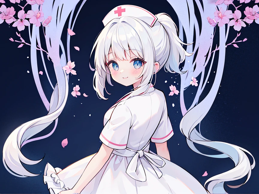 highest quality,High resolution,girl 1,white hair,ponytail,blue eyes,nurse clothes,beautiful eyes,turn your arms behind your back,looking at the viewer,cute,smile
