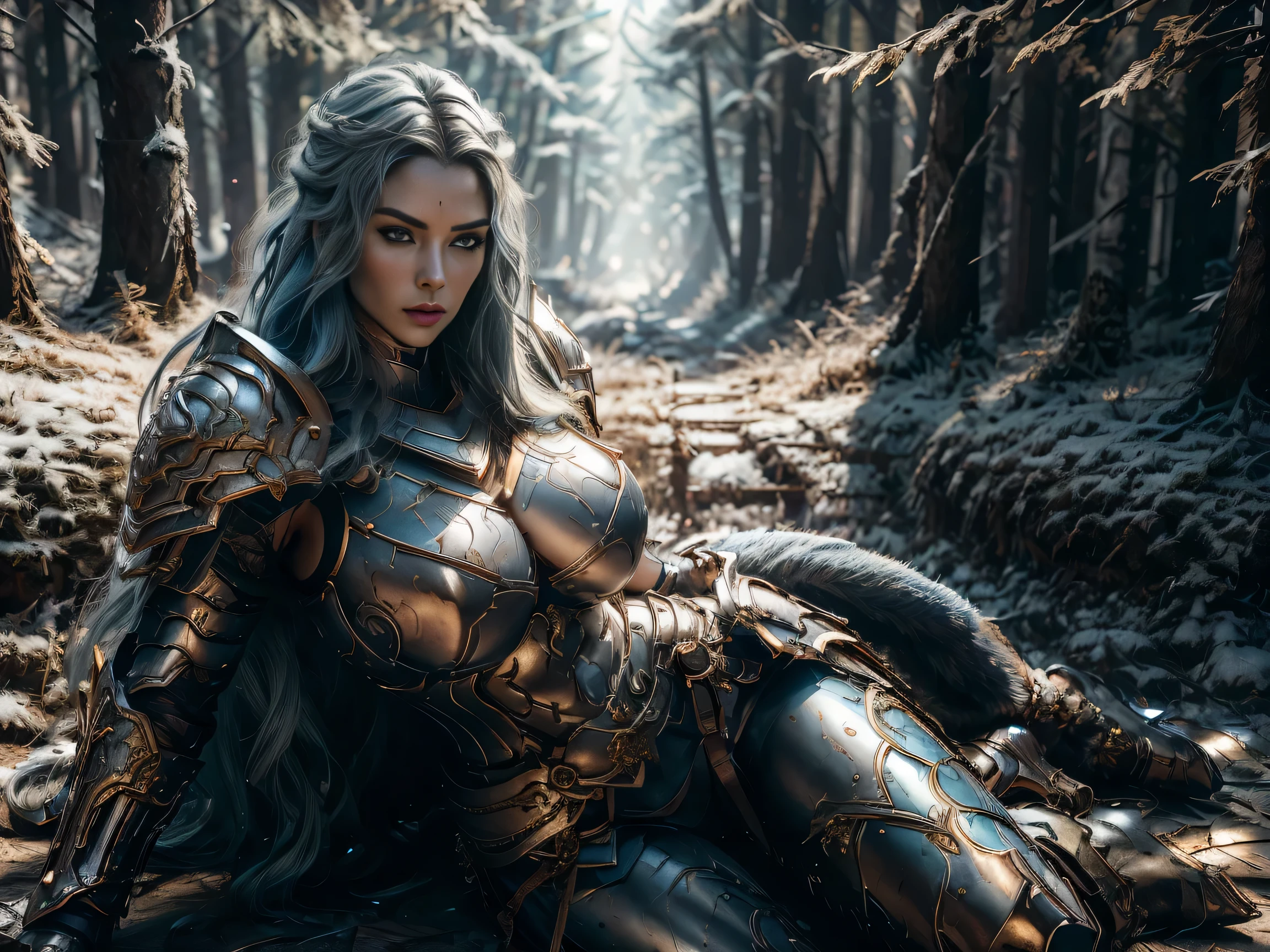 (8K, Raw photography, top-quality, masterpiece:1.2), close up,One Woman、age of 30, close up.{scinematic angle、Wide Angle、Don't split the screen、}(Realistic Skins 1.4)、(valkyrie、Valkyria)、(the Witcher armor((Western knights、Plate armor covering the whole body、Metal armour )))、(((forest background, golden hour, Asgard))、50mm Lens、30mm film、wide angles(long wavy blue hair)、Blue eyes、shinny skin、beautiful detailed hair、Beautiful delicate face、Beautiful delicate eyes、{large chest、、muscular body, curvy big 、}、long wavy blue hair , long socks, black socks, black skinny trousers, skinny leggins, big hips, muscular girl, big hips, chest covered with armor, fighting pose, fight,duel pose, buried forest background, war scene, flames, the Witcher, buried ancient city n the background, waling, walk, moving