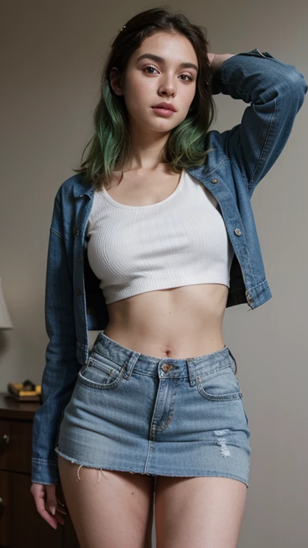 1girls, Nur, green Hair , 24 years old , A beautiful woman standing with legs spread open, wearing a mini skirt, a denim jacket on top, a crop top inside, knee-length socks, slim body, fit, thick thighs, romantic compositions.