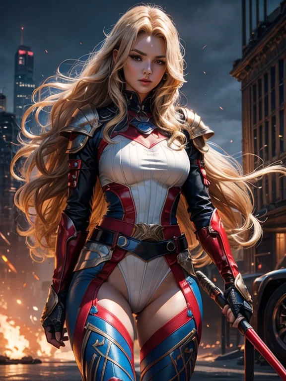 Best quality, 8K, action pose, woman vintage super hero, beautiful and detailed face, blonde curly long hair,big eyelashes,LOOKING TO observer,red and blue metalic armour over bodystocking, black belt,over the knee boots,white neutral scenario