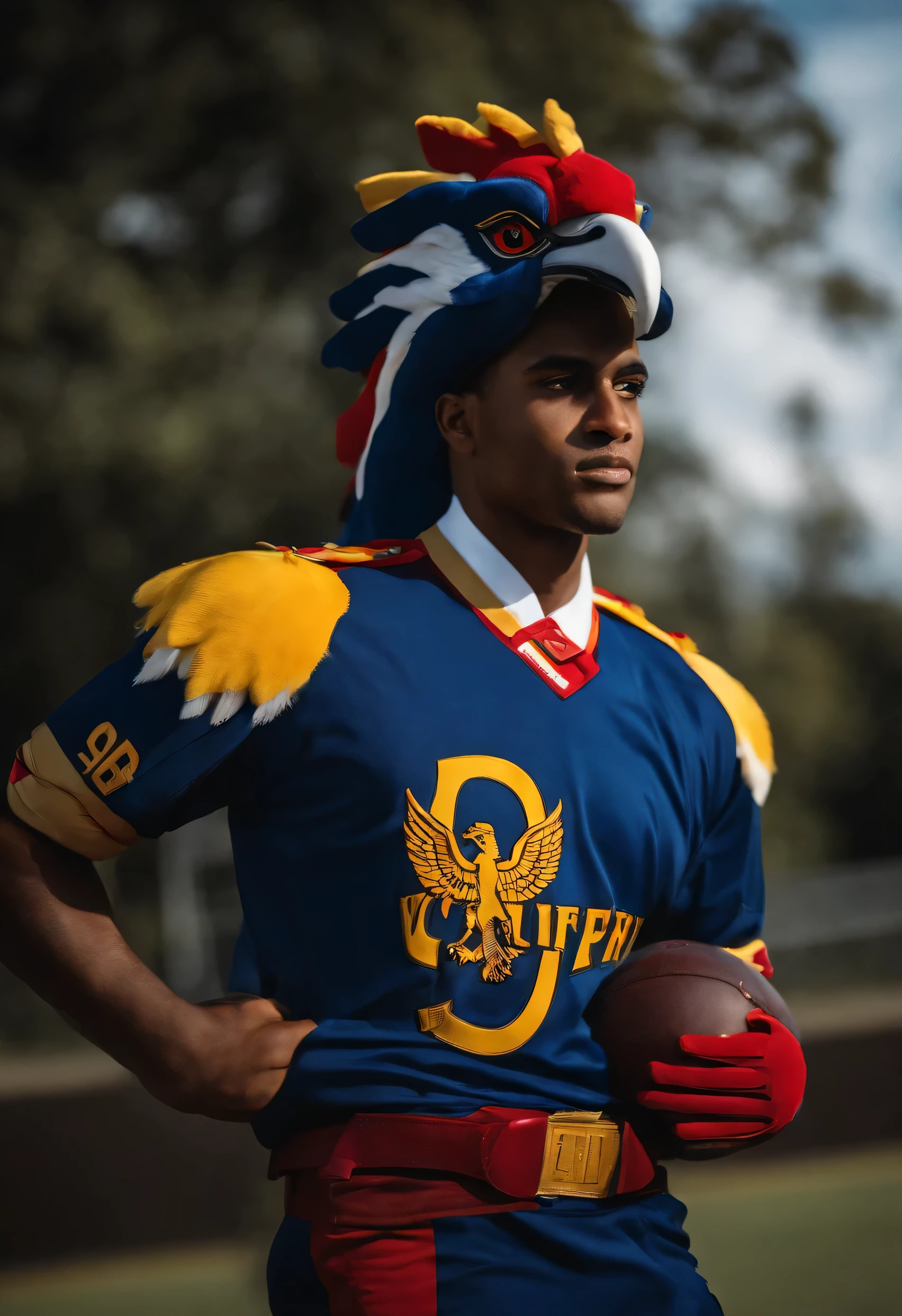 Quero um modelo de uniforme casual, for my athletic with the griffin mascot with the colors blue red, preto, branco e amarelo.