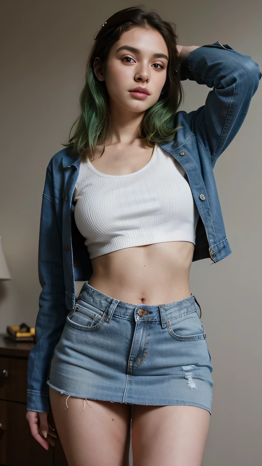 1girls, Nur, green Hair , 24 years old , A beautiful woman standing with legs spread open, wearing a mini skirt, a denim jacket on top, a crop top inside, knee-length socks, slim body, fit, thick thighs, romantic compositions.